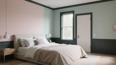Soft Pink & Mint Bedroom Design with Dark Trim