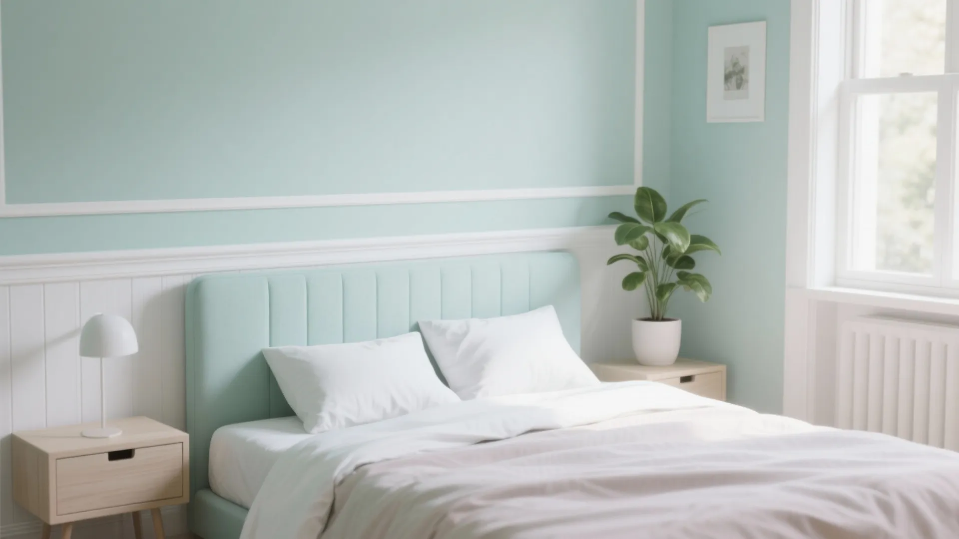 Tiny bedroom with a soft mint accent wall and white trim, bright and airy bedding.