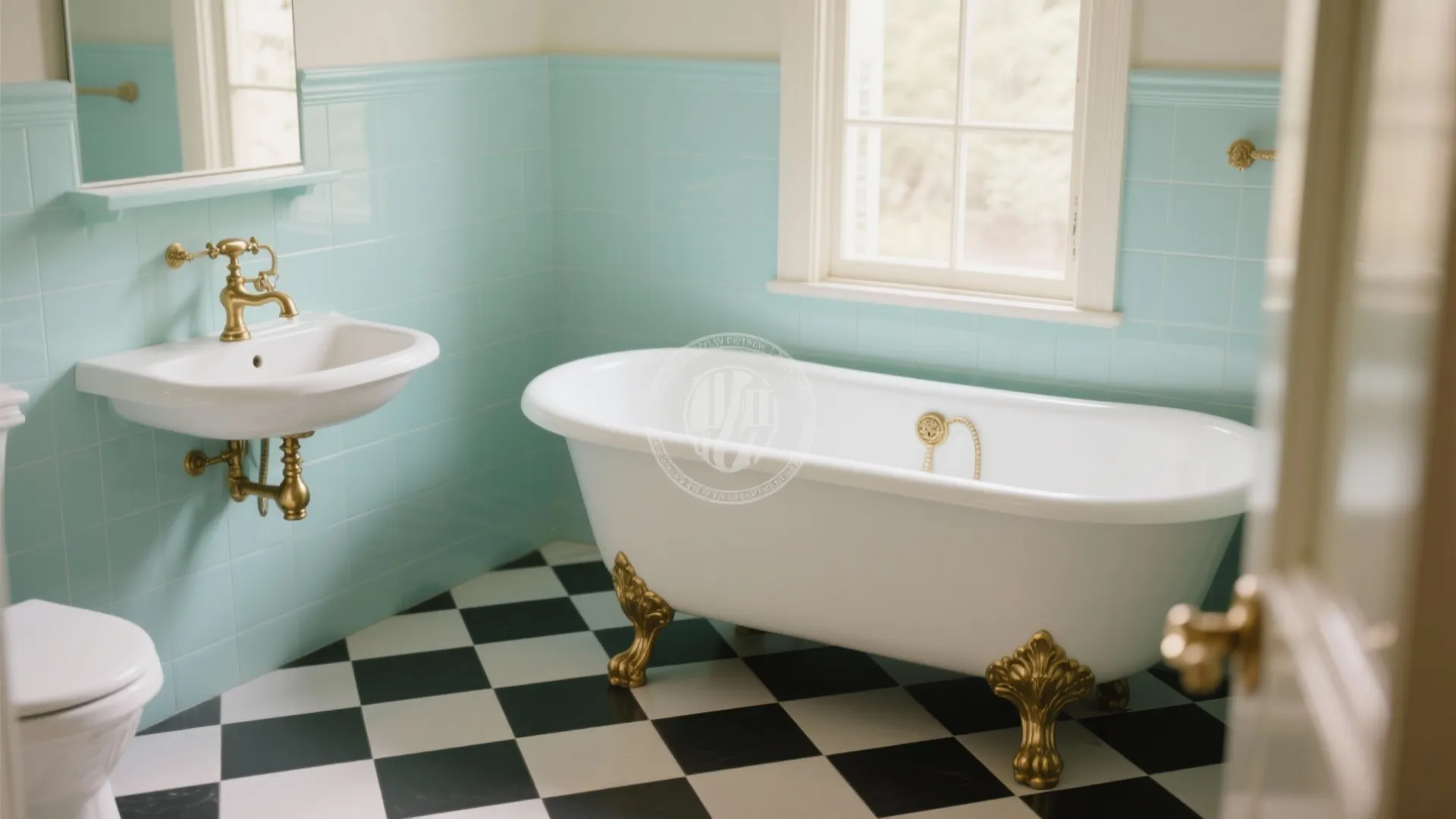 Vintage bathroom featuring a white bathtub with gold legs plus light blue wall tile and sink