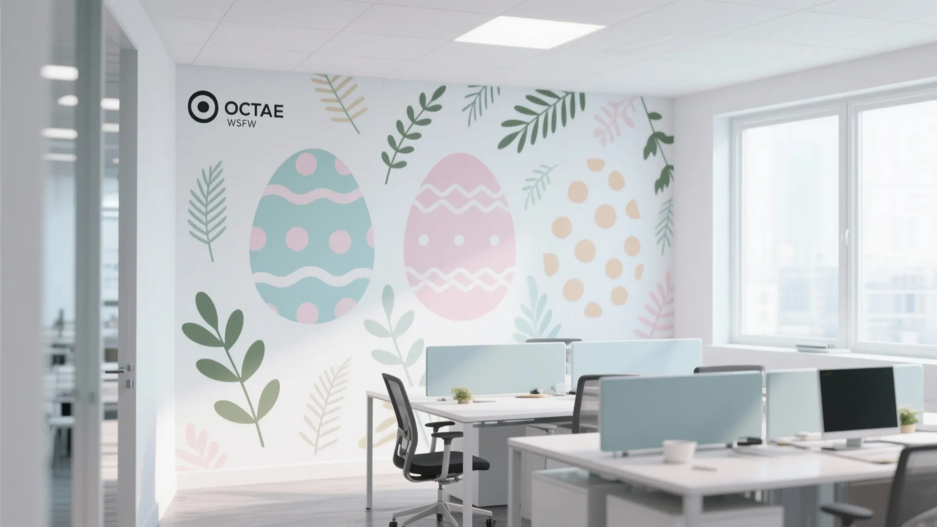 Modern office space with white desks featuring wall stickers of colorful eggs and green leaves