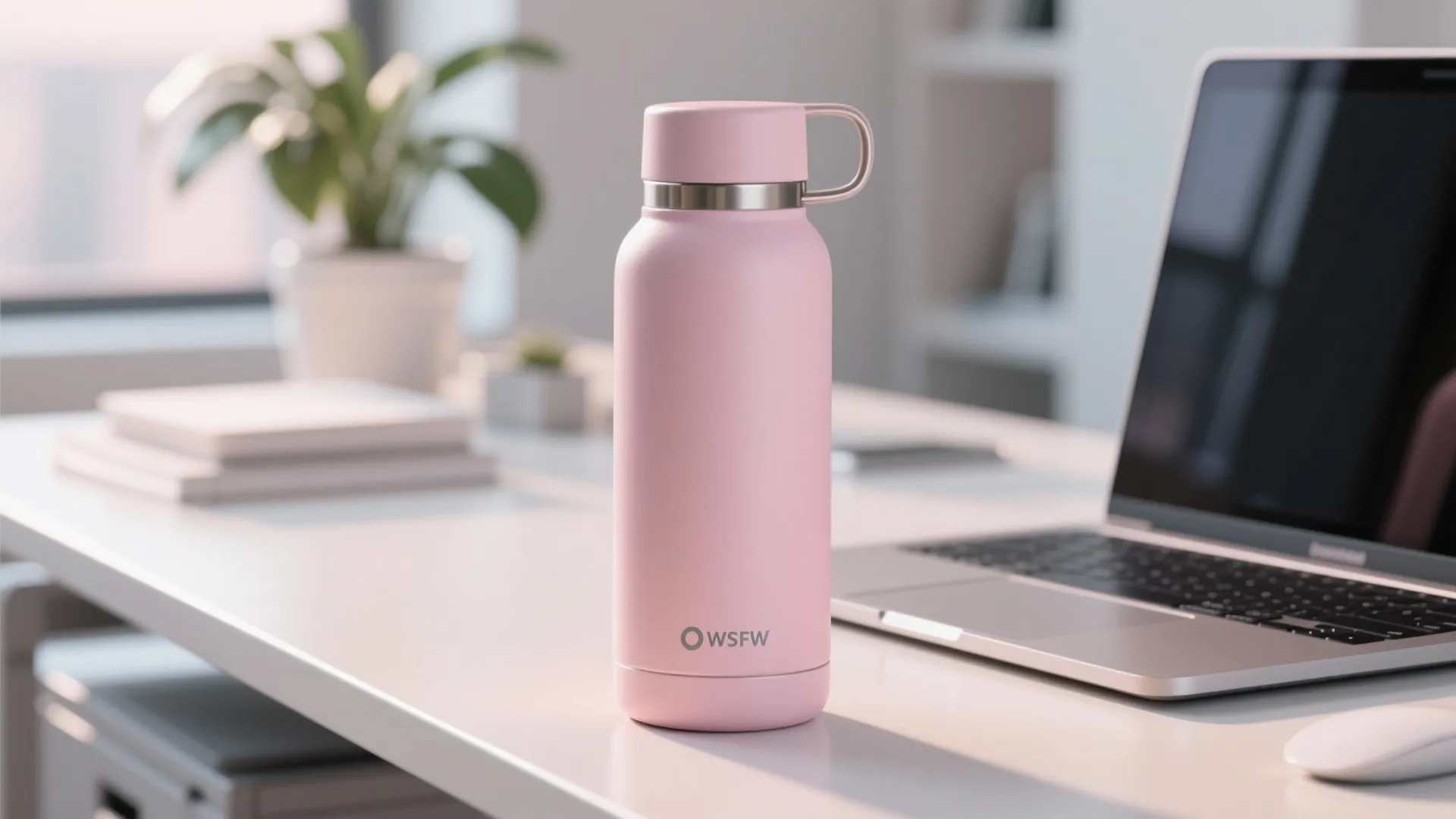 Pink water bottle standing on white desk next to laptop and small green potted plant