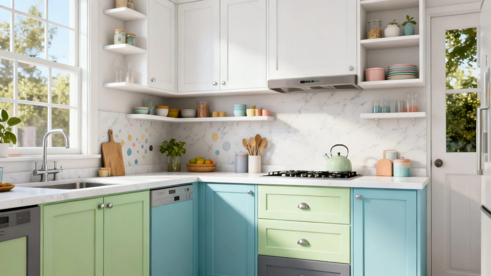 Crisp white uppers with muted pastel lower cabinets in a bright small kitchen