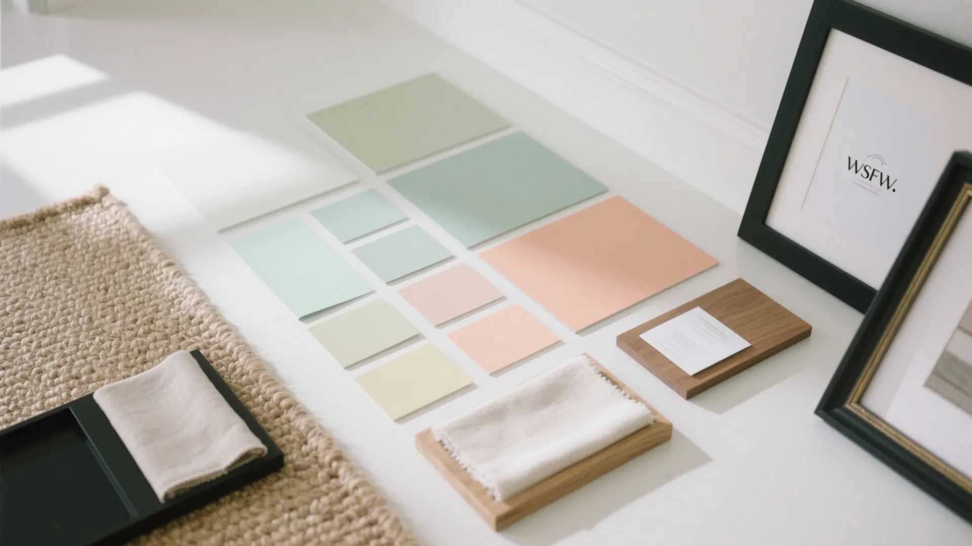 Interior design materials including pastel color cards and fabric samples on a white flat surface