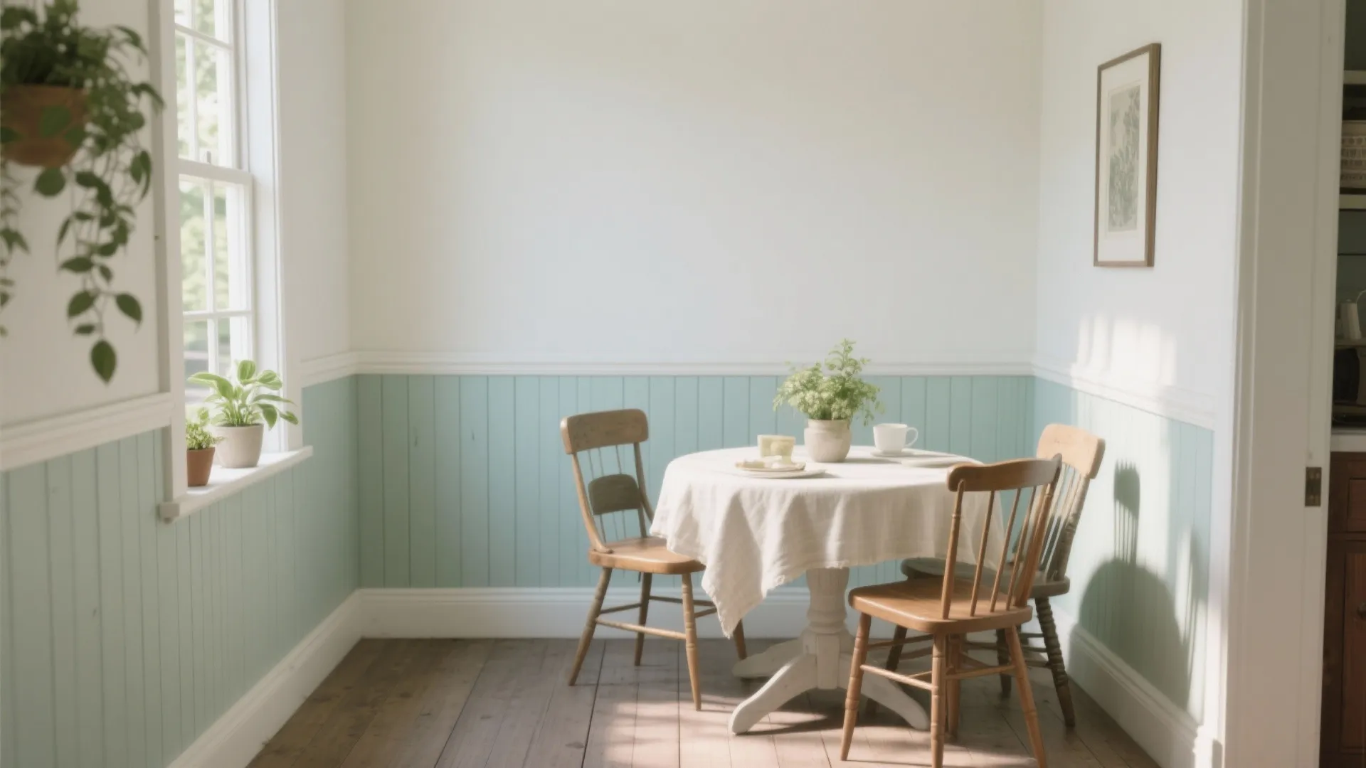 Cozy breakfast nook with round white table, wooden chairs, light blue wall panel, and plants