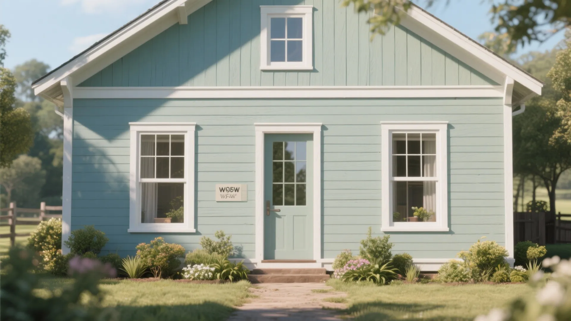 Light blue wooden house exterior with white trim windows and a green lawn in front