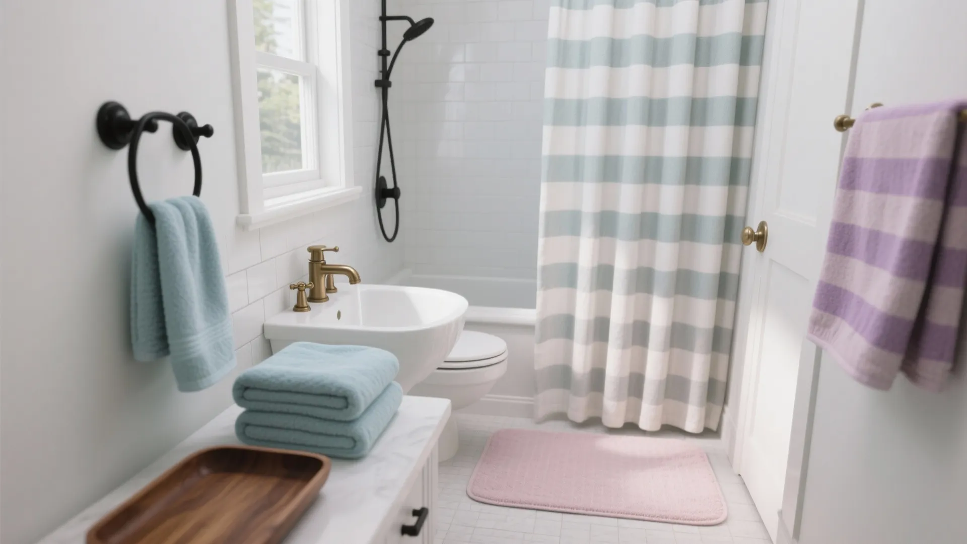 Compact bathroom with eggshell blue towels, blush mat, lilac stripe, and matte black and brass accents for contrast.