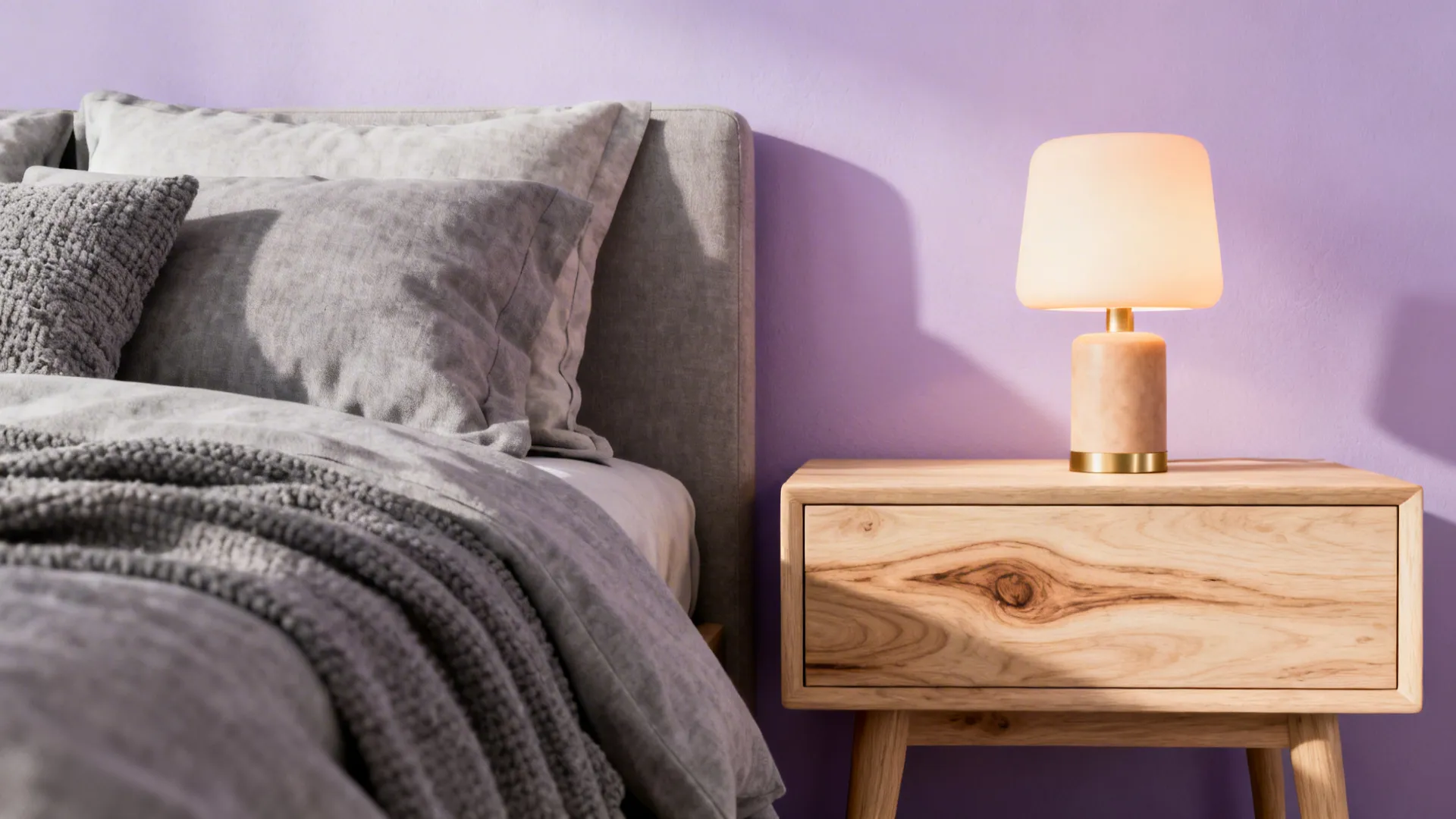 Scandi bedroom with pastel purple walls, warm gray textiles and light oak furniture.