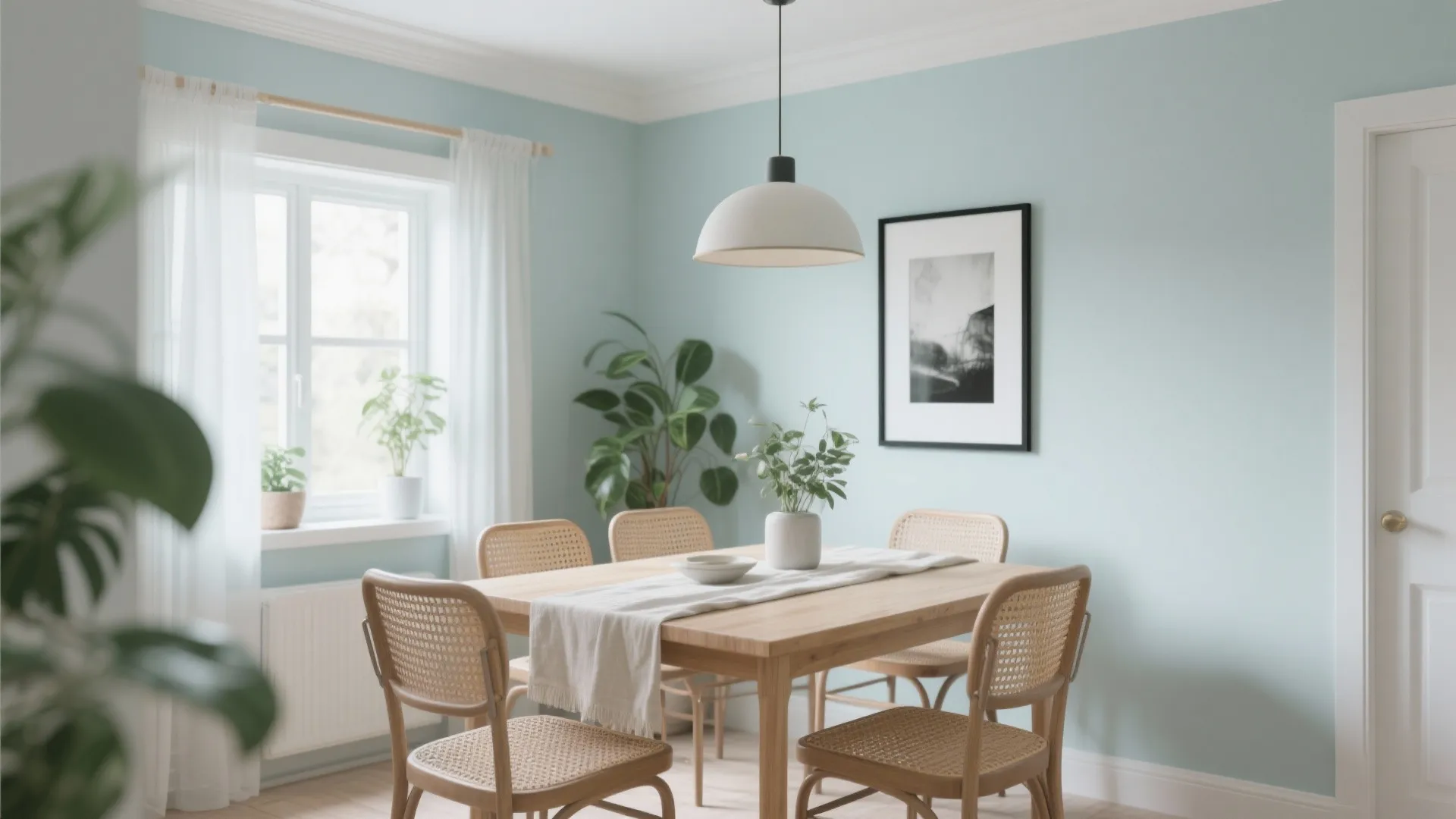 Light blue dining room with wooden table woven chairs white ceiling light and green potted plants