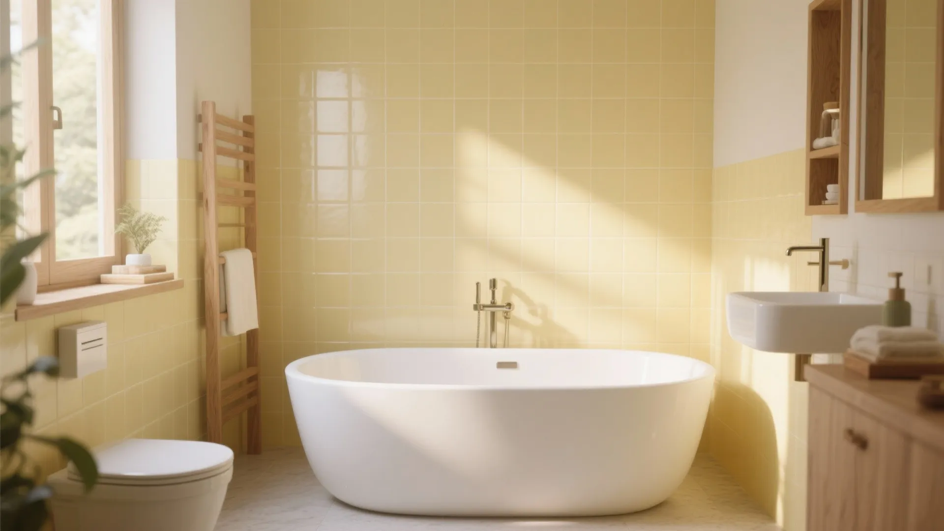Bright bathroom with yellow wall tiles large white bathtub wooden towel rack and small sink