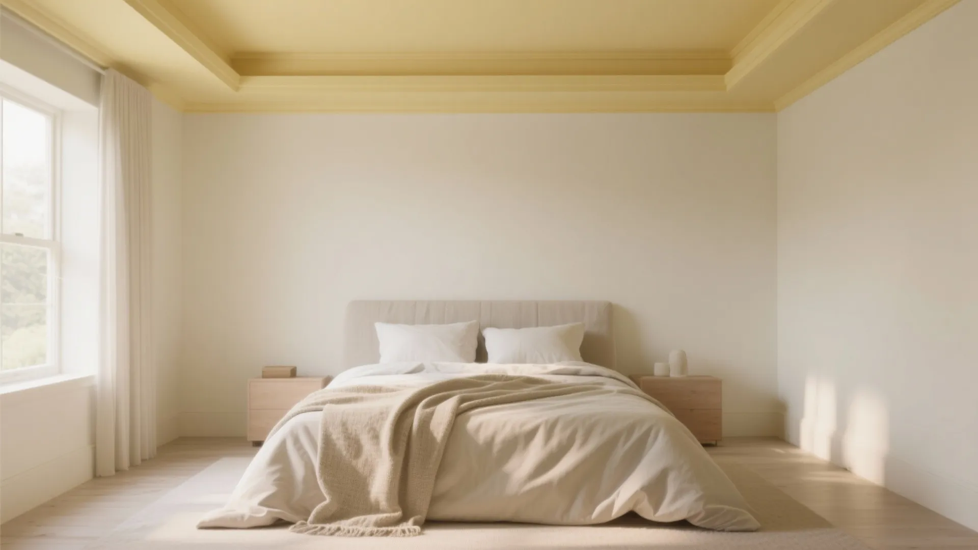 Calm bedroom with pastel yellow ceiling and trim providing gentle warmth.