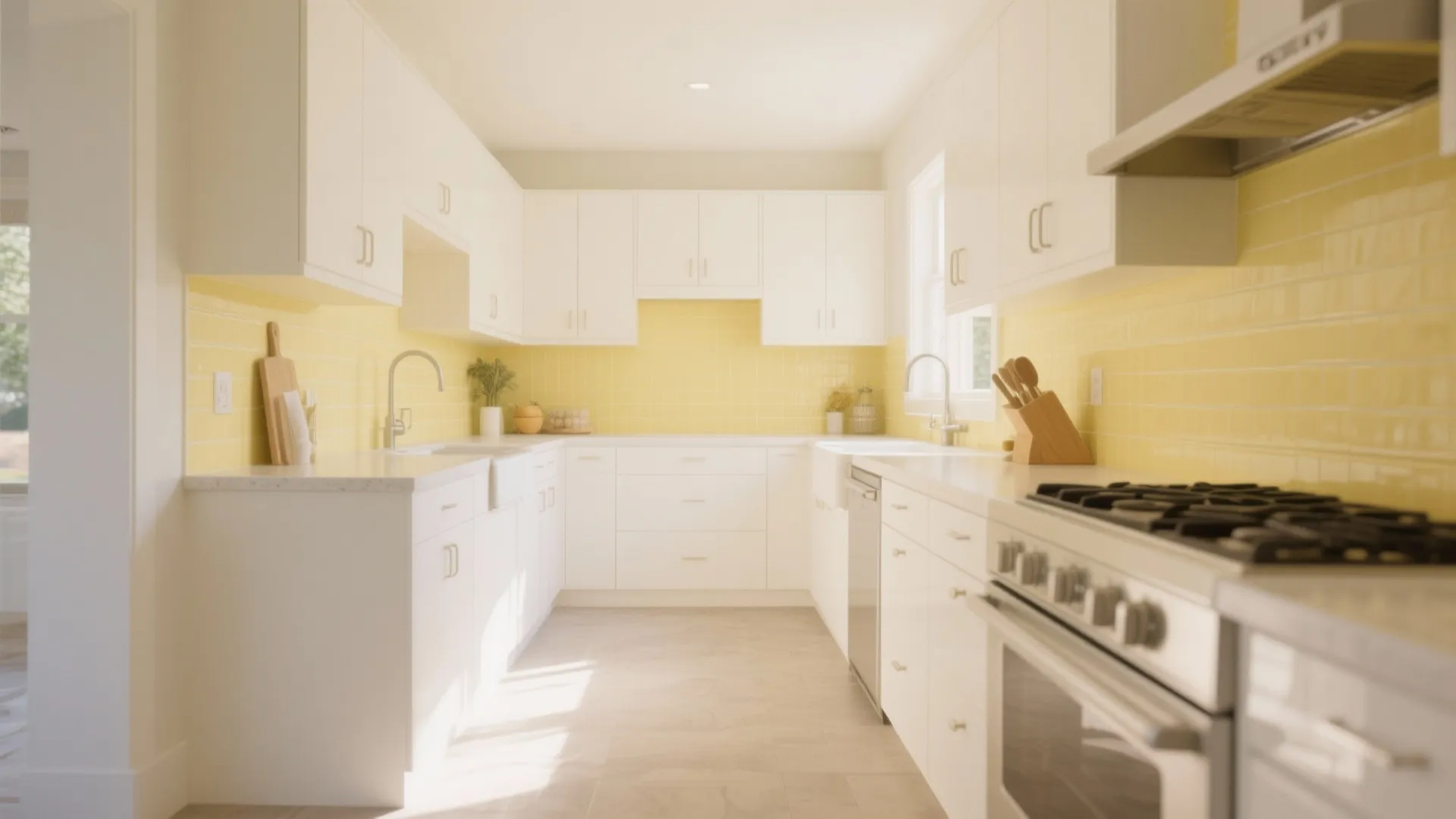 Bright kitchen featuring white cabinets, yellow tile wall, modern stove, dual sinks, and natural light
