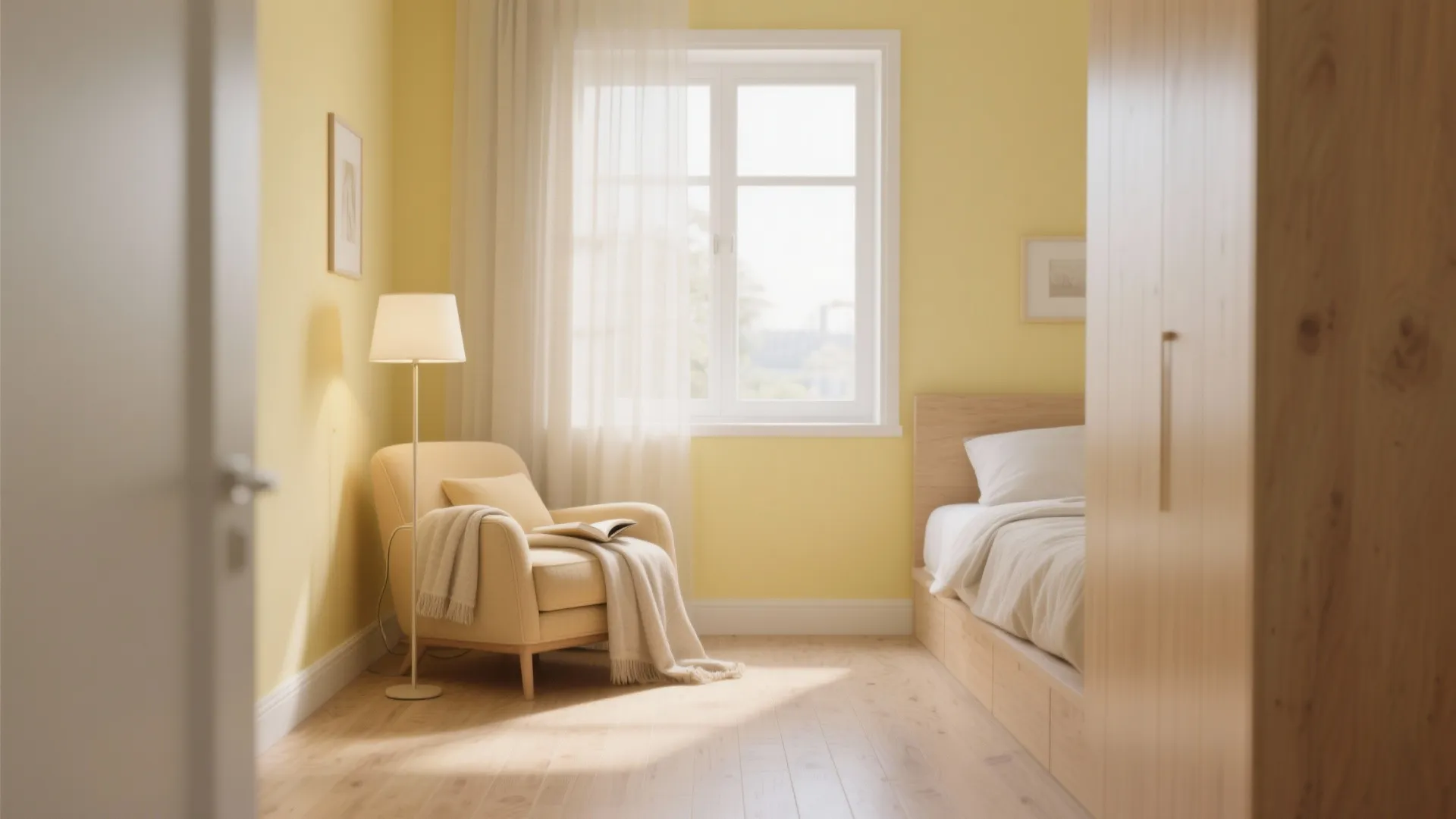 Cosy reading corner with yellow walls a comfortable armchair floor lamp and white window curtains
