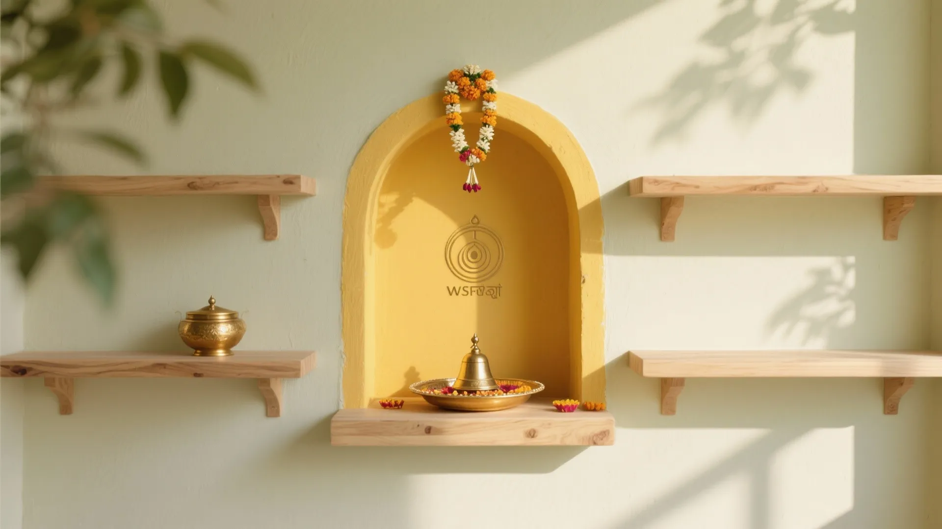 Yellow arched wall niche with wooden shelves gold bowl flower garland and small brass bell