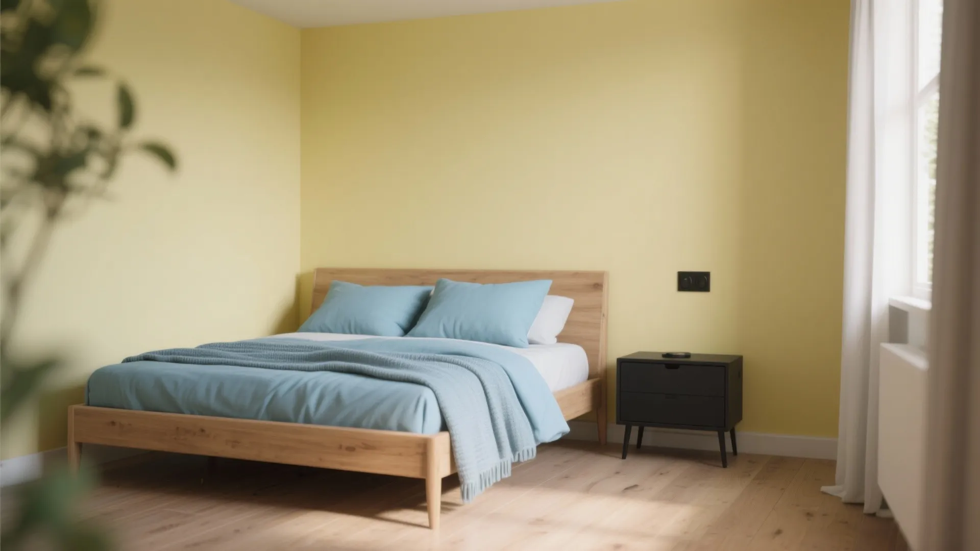 Minimalist bedroom featuring yellow walls a wooden bed with blue bedding and black side table