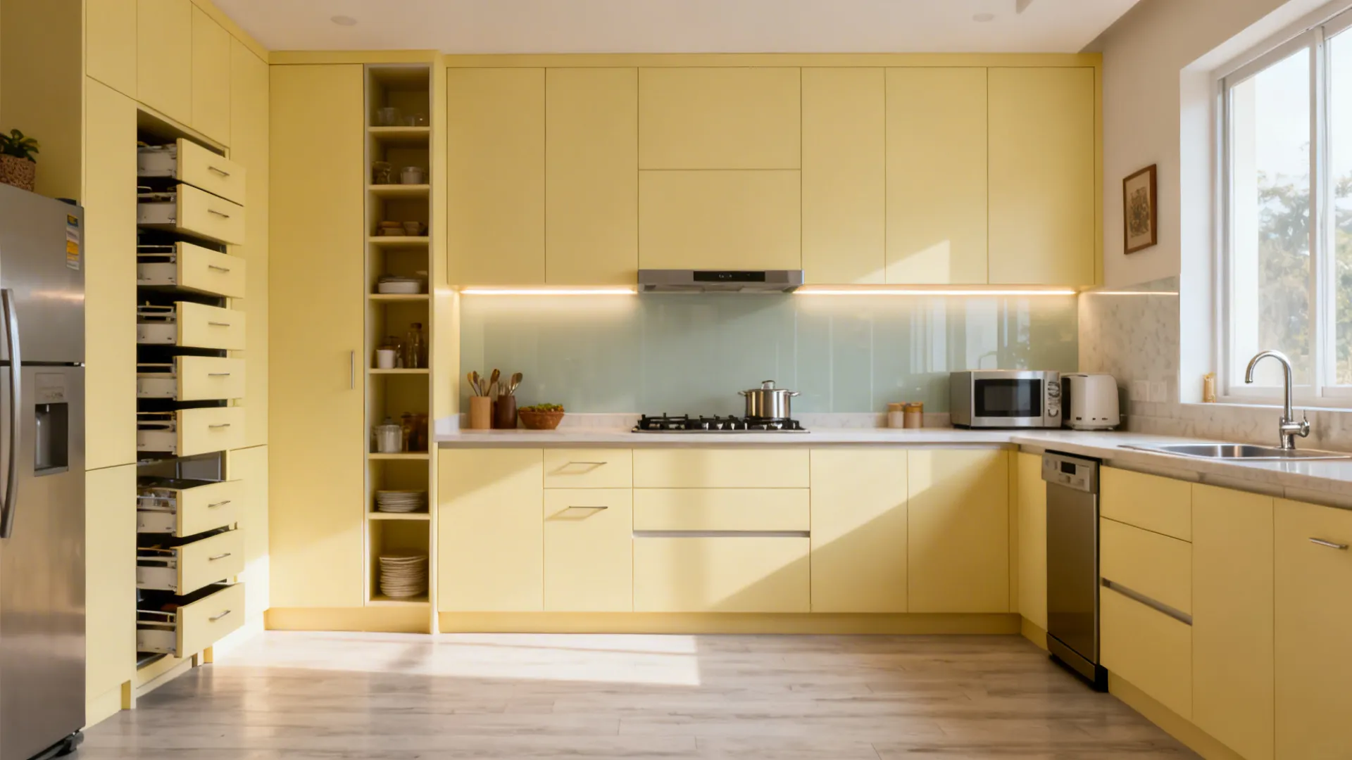 Pastel yellow kitchen with tall pull-outs and slim pantry keeping counters clear.