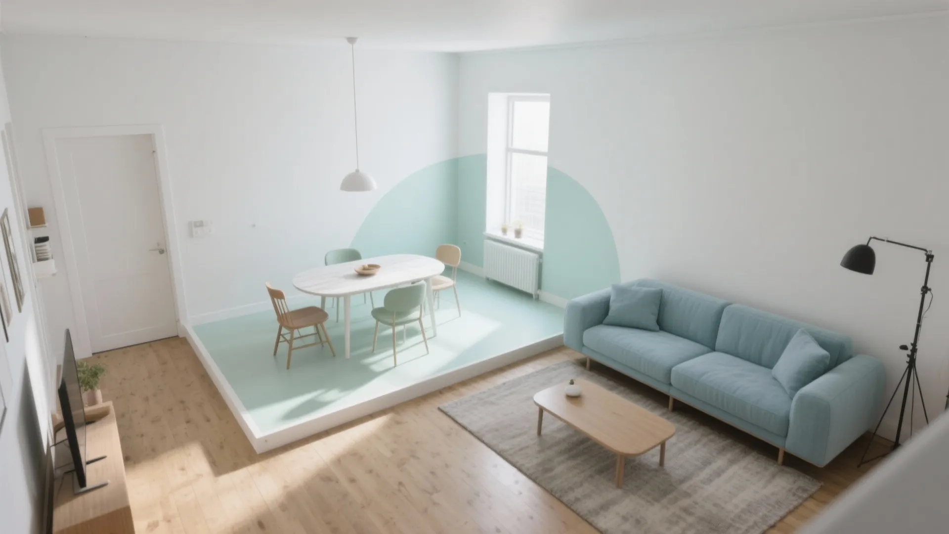 Modern open plan living area with blue sofa and dining zone defined by green paint