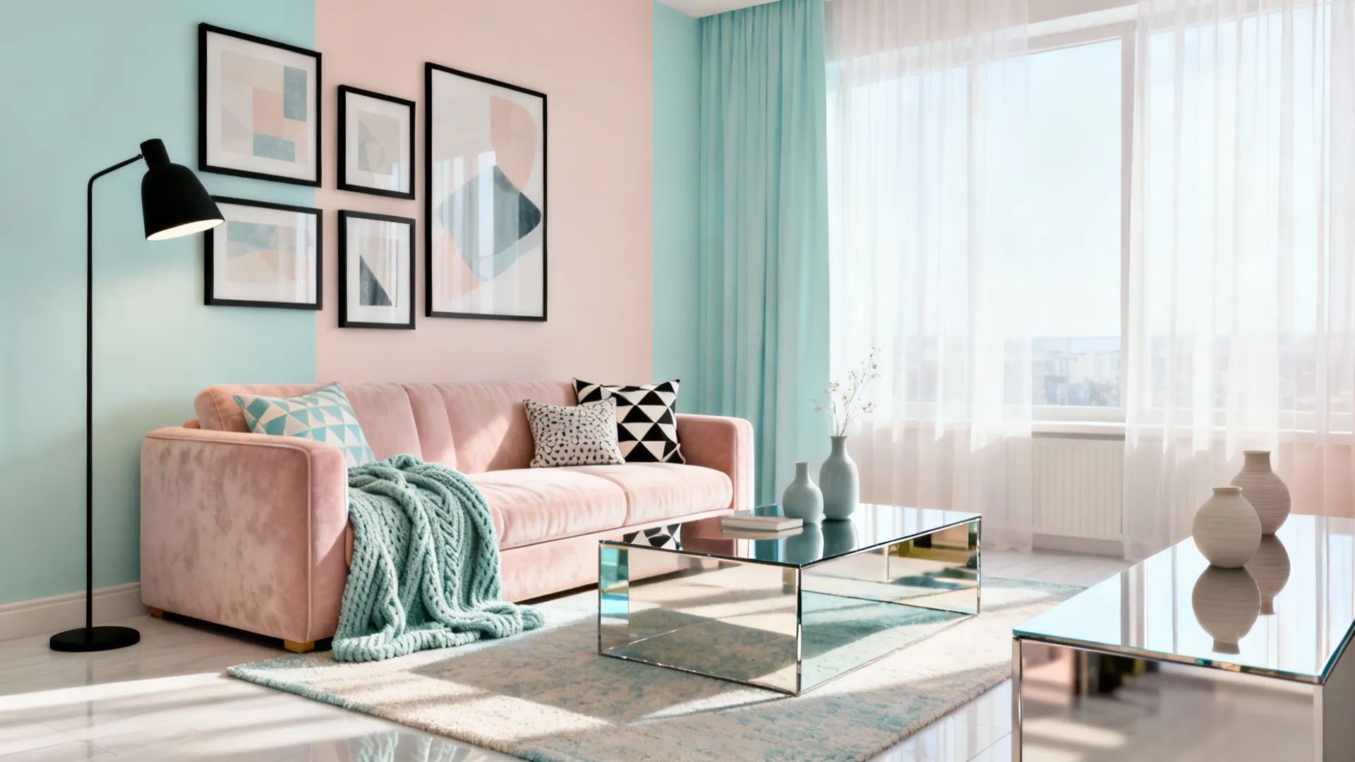 Modern living room featuring pink sofa, blue curtains, glass coffee table, and black floor lamp
