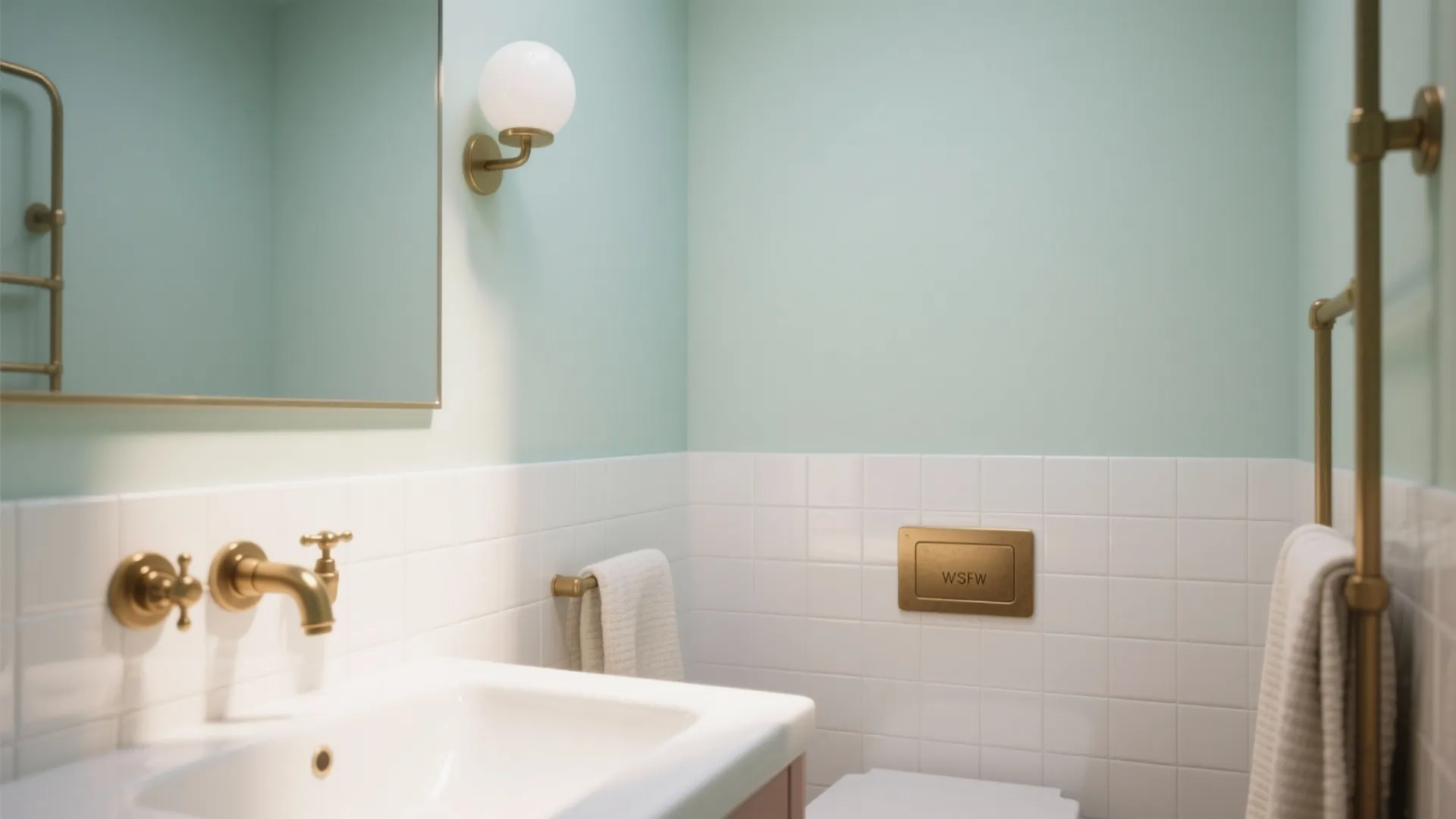 Bathroom with a soft pastel wall paired with warm brass fixtures and white tile for contrast.