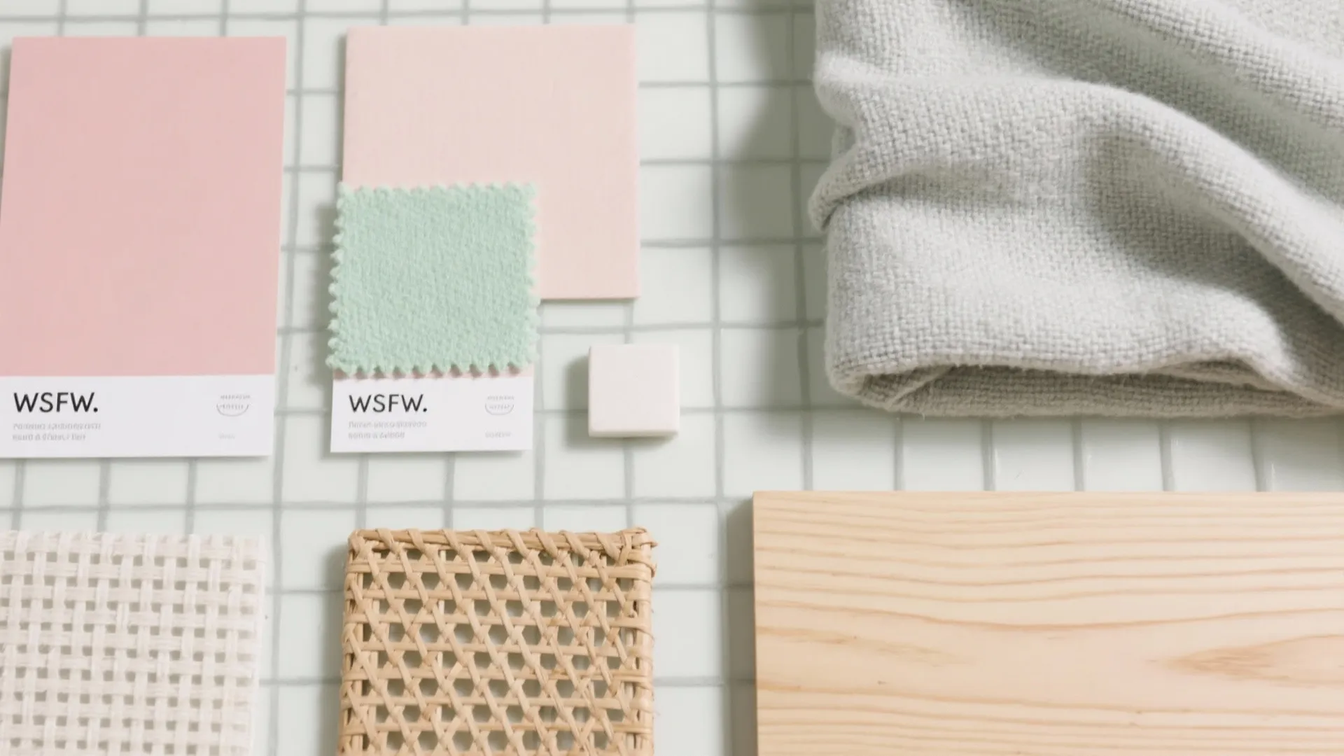 Material board with pink paint mint green fabric grey blanket woven rattan and light wood