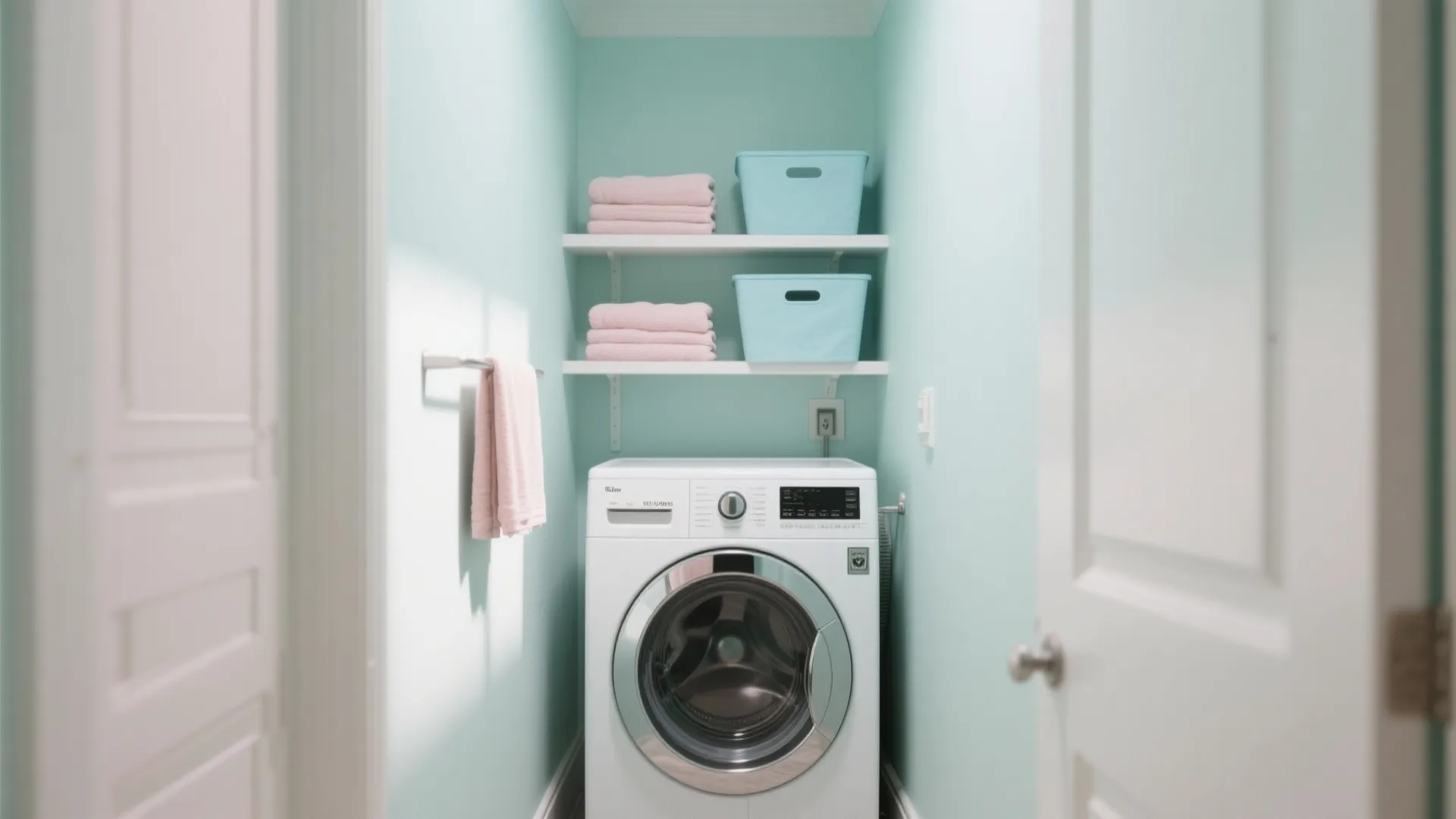 Small laundry nook with light blue walls white washing machine and shelves holding pink towels