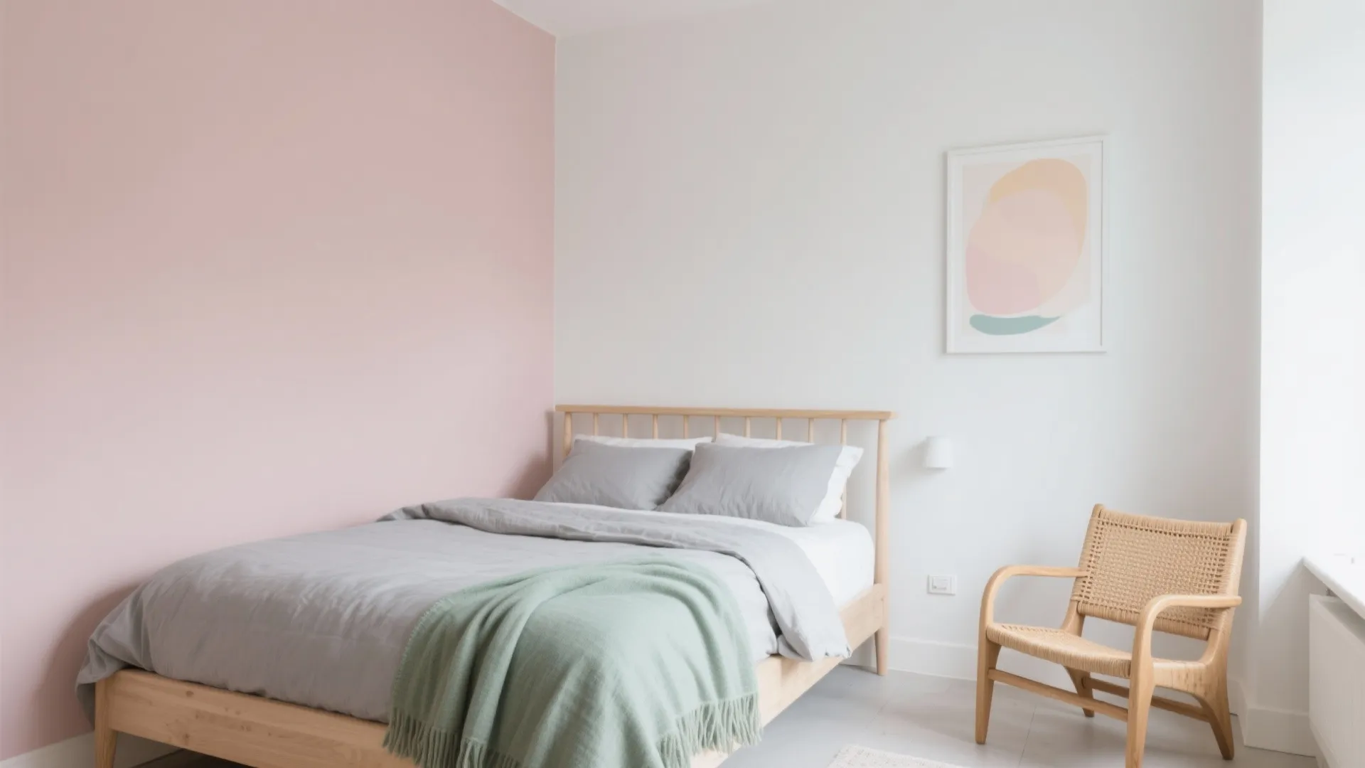 Modern bedroom featuring pink wall wooden bed grey bedding green blanket and woven wood chair