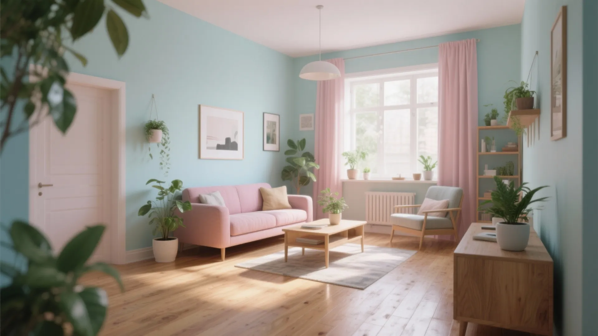 3. Soft pastels + warm wood