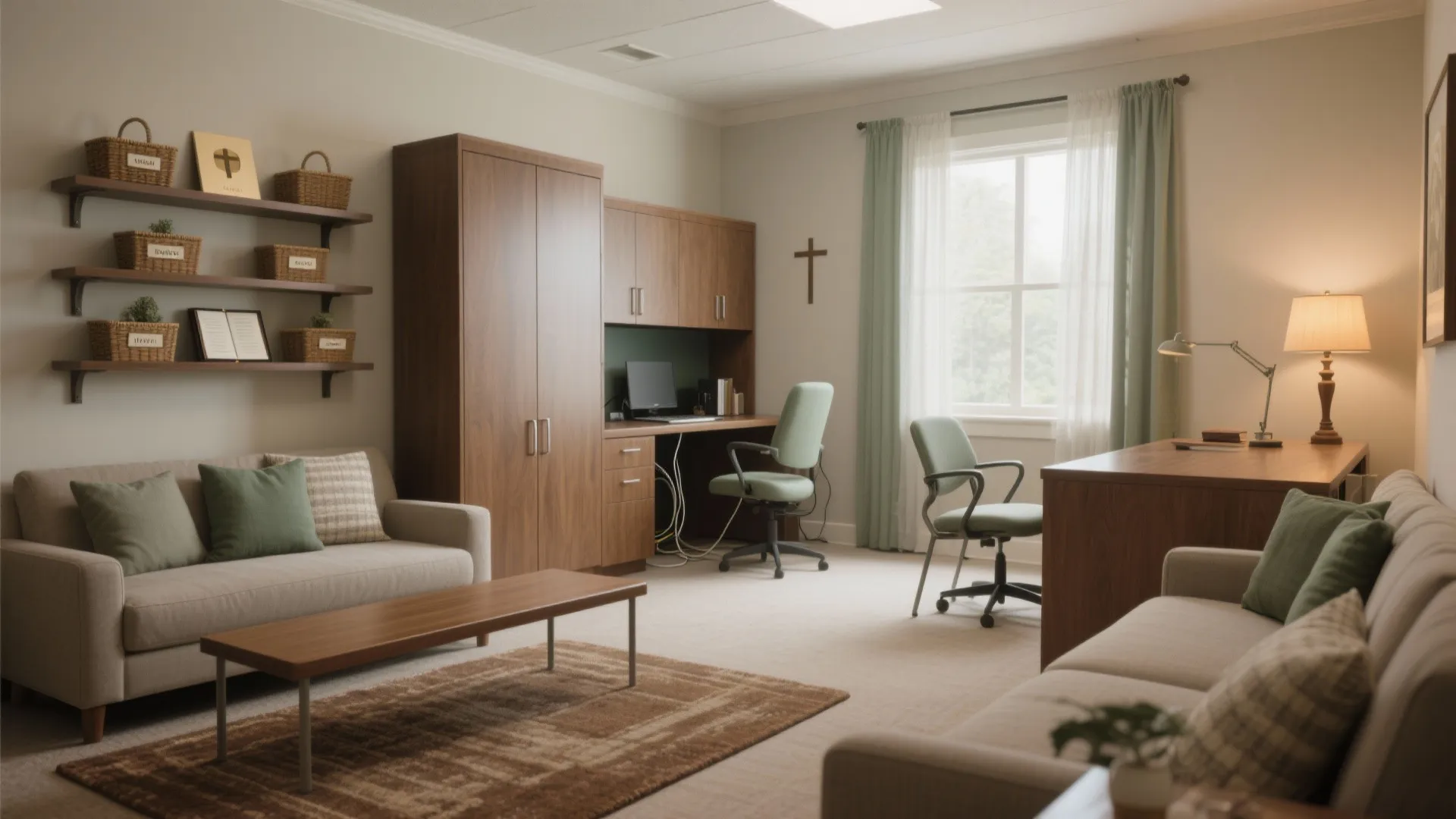 Comfortable office featuring a wooden desk, green chairs, beige sofa, wall shelves, and a cross