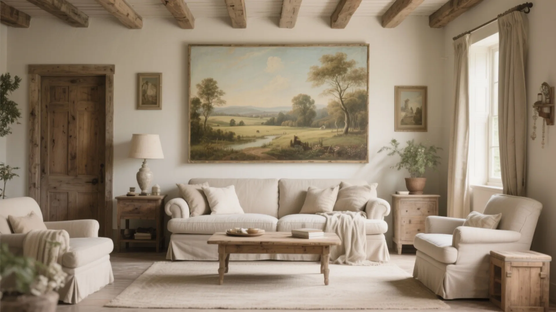 Muted color pastoral painting above a country sofa