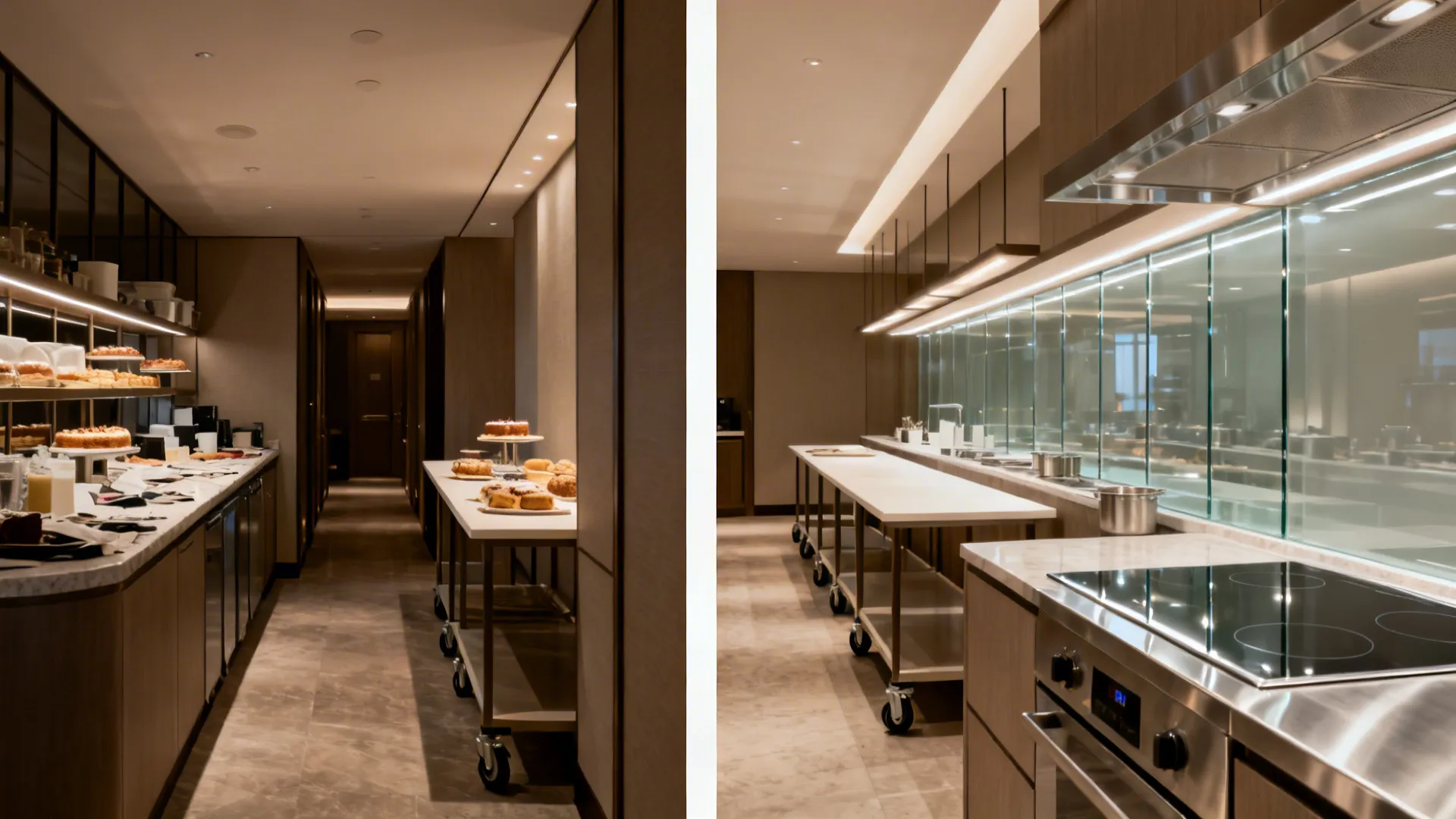 Before-and-after of a pastry corner redesigned with clear zones and better lighting.