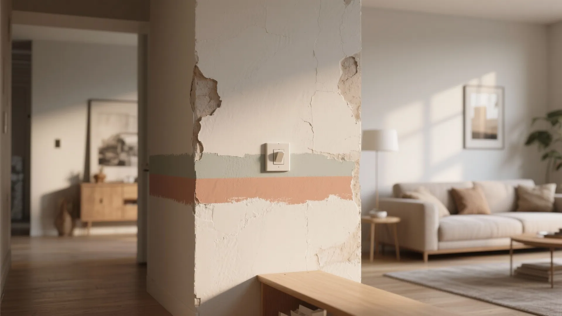 Damaged white interior wall with light switch featuring painted green and orange stripes for decoration
