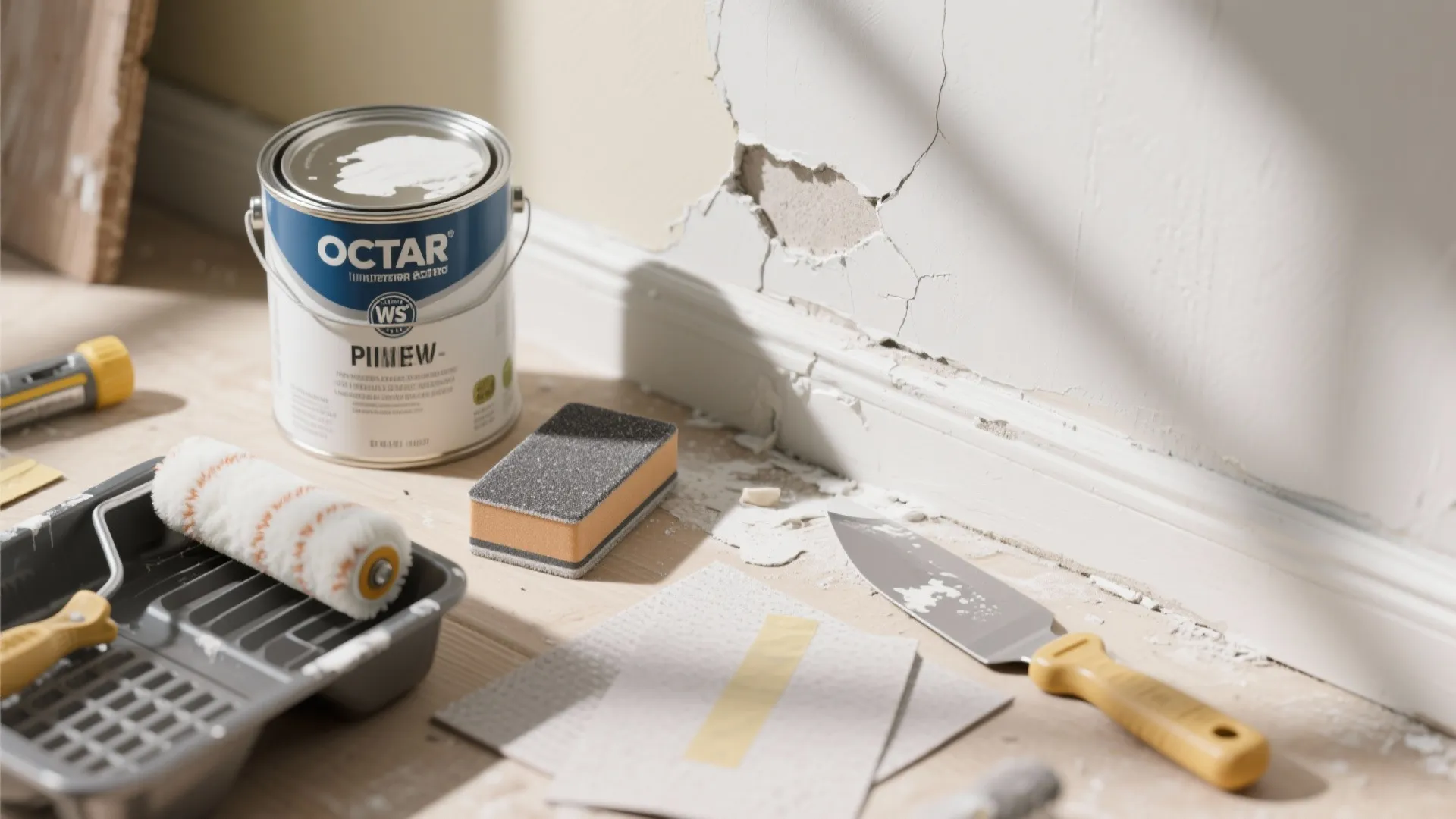 Top-down view of tools and materials for patching, priming, and using a high-build paint coat.