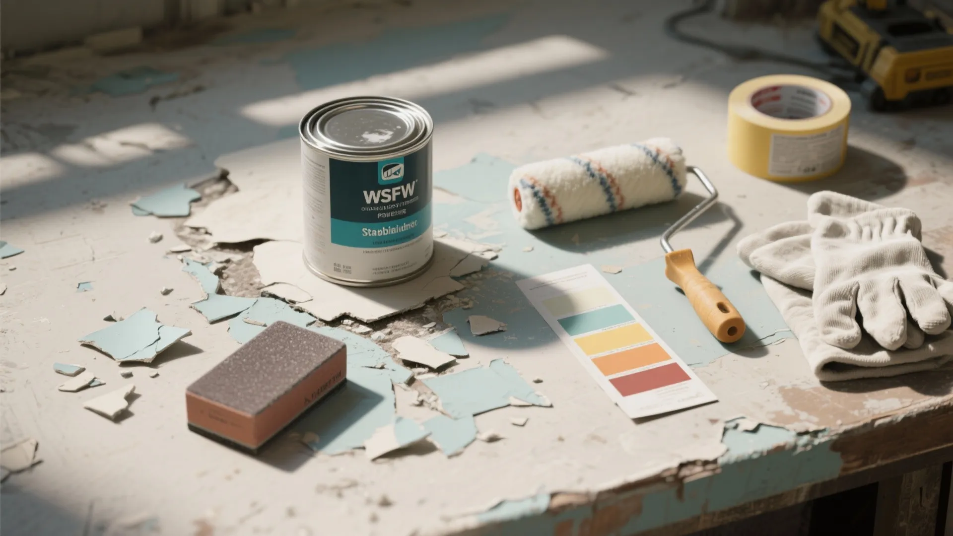 Top-down view of painting repair tools: scraper, sandpaper, primer can and roller arranged for patching and repainting.