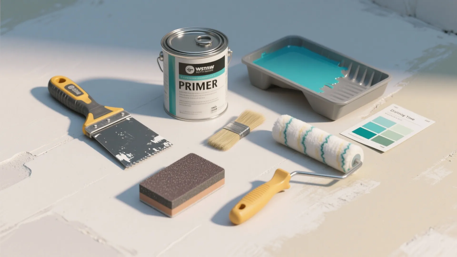 Collection of house painting tools including a primer can blue paint tray roller and brush