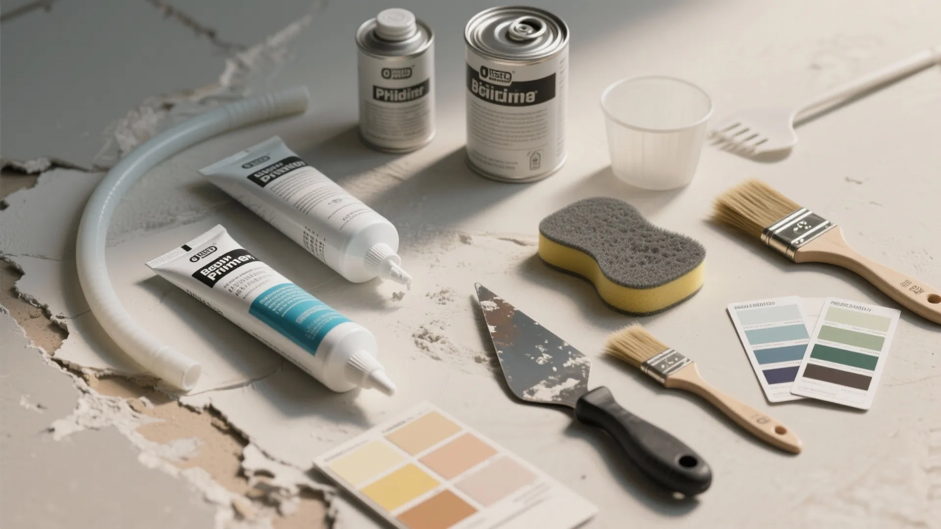 Wall repair tools including primer tubes paint cans brushes sponge and color samples on floor
