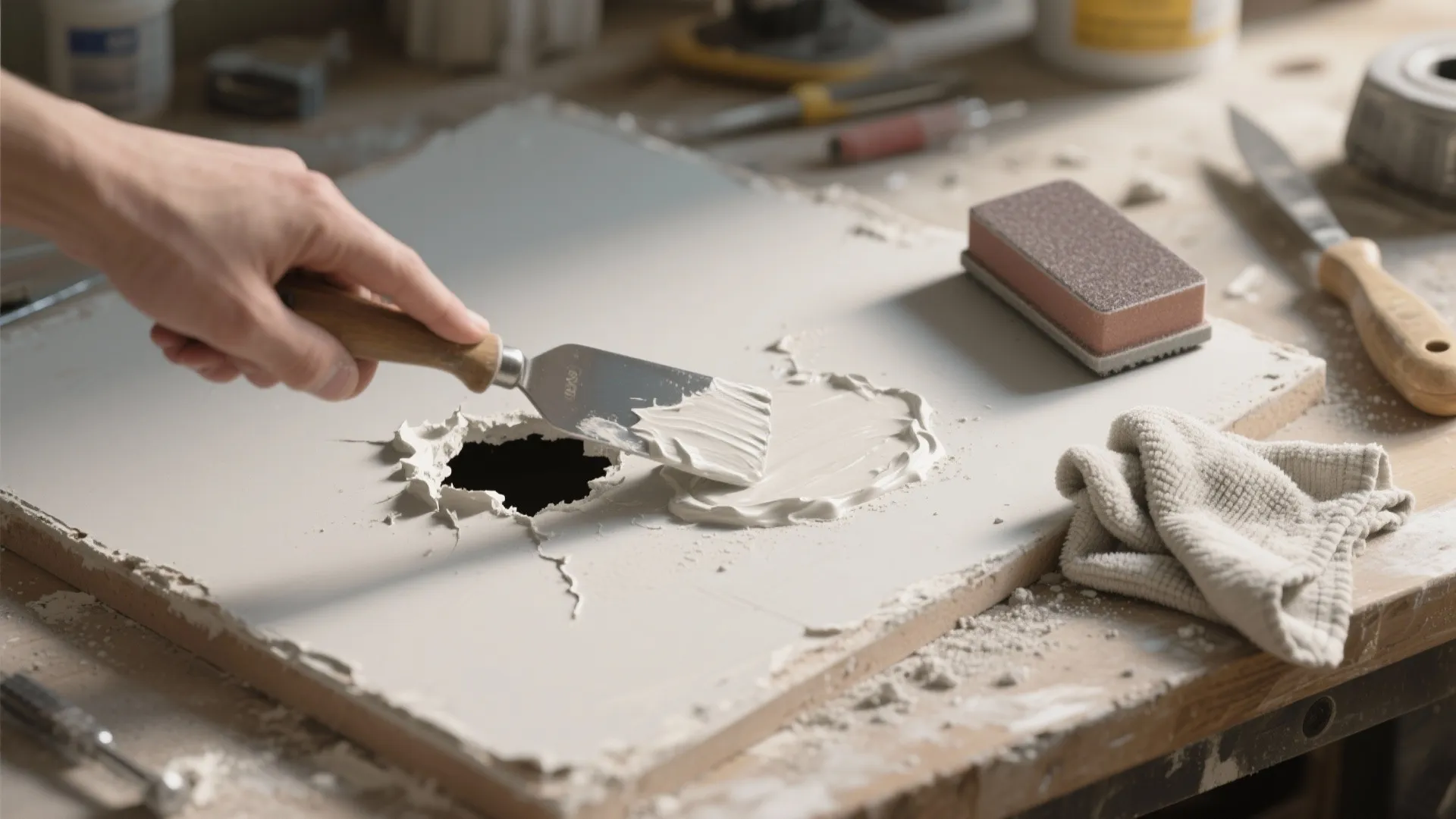 Hand using a metal tool to apply white plaster over a hole in a wall board