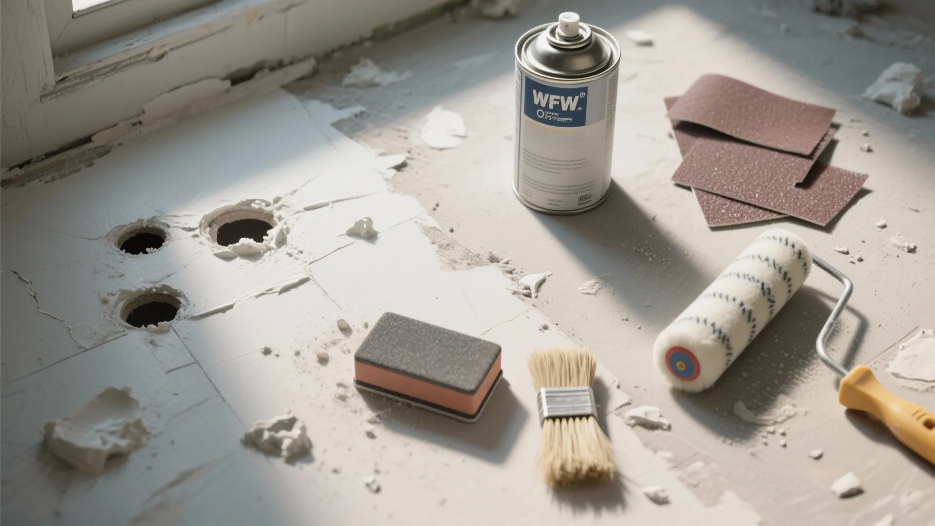 Various home repair tools including paint roller and spray can on a damaged white surface
