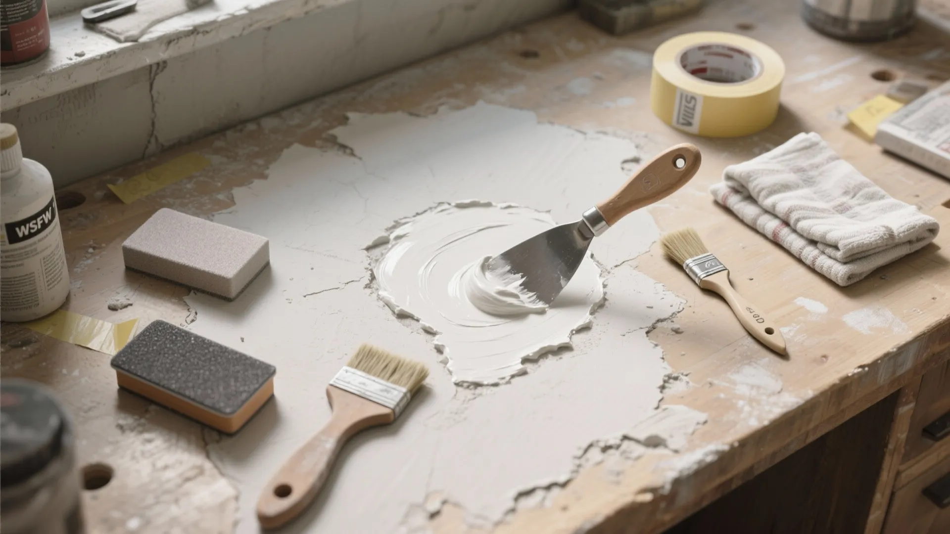 Wooden workbench with white putty being applied by a metal scraper and various small brushes