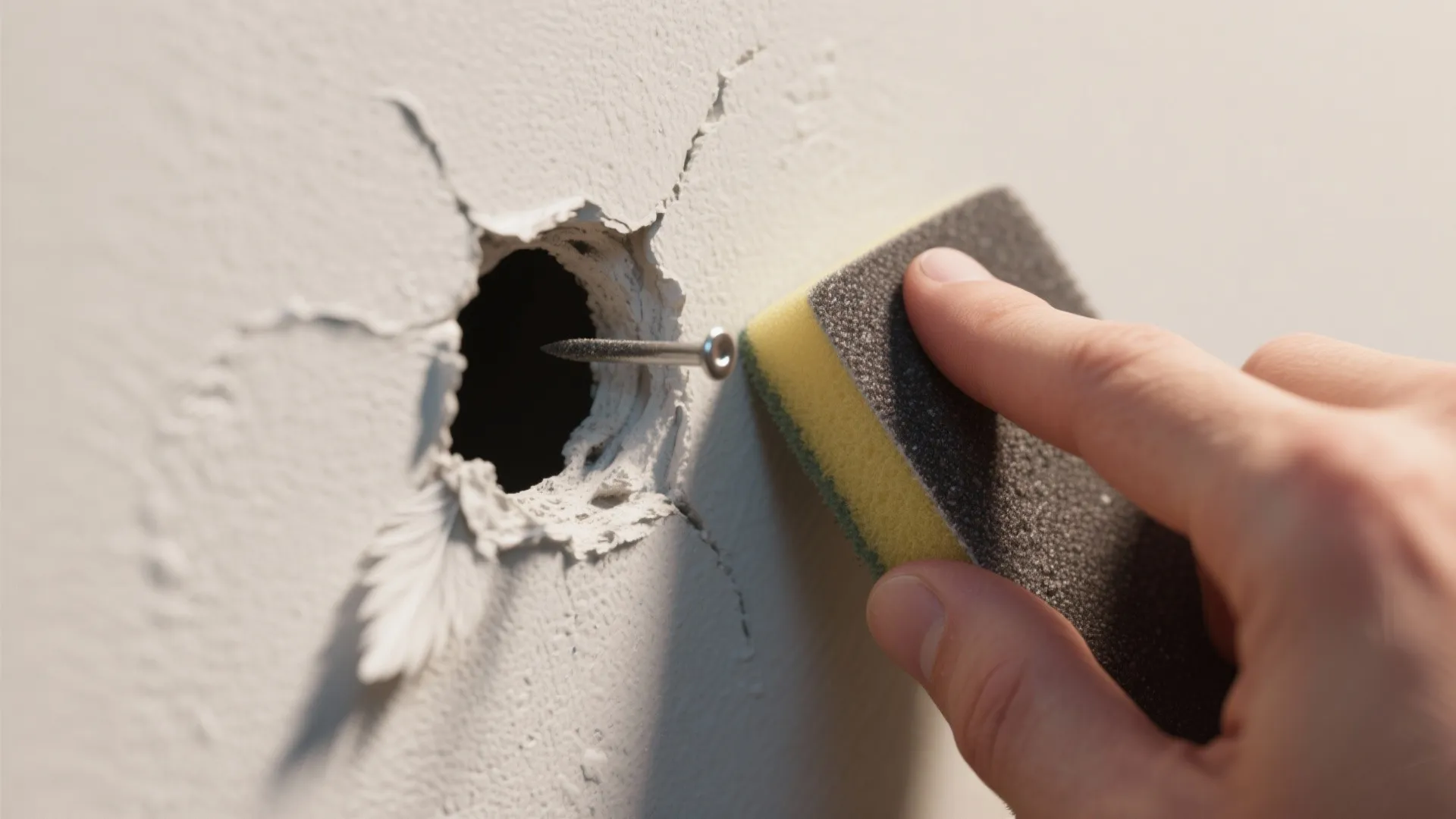 Close up of hand using a sanding sponge to smooth a white wall with cracks