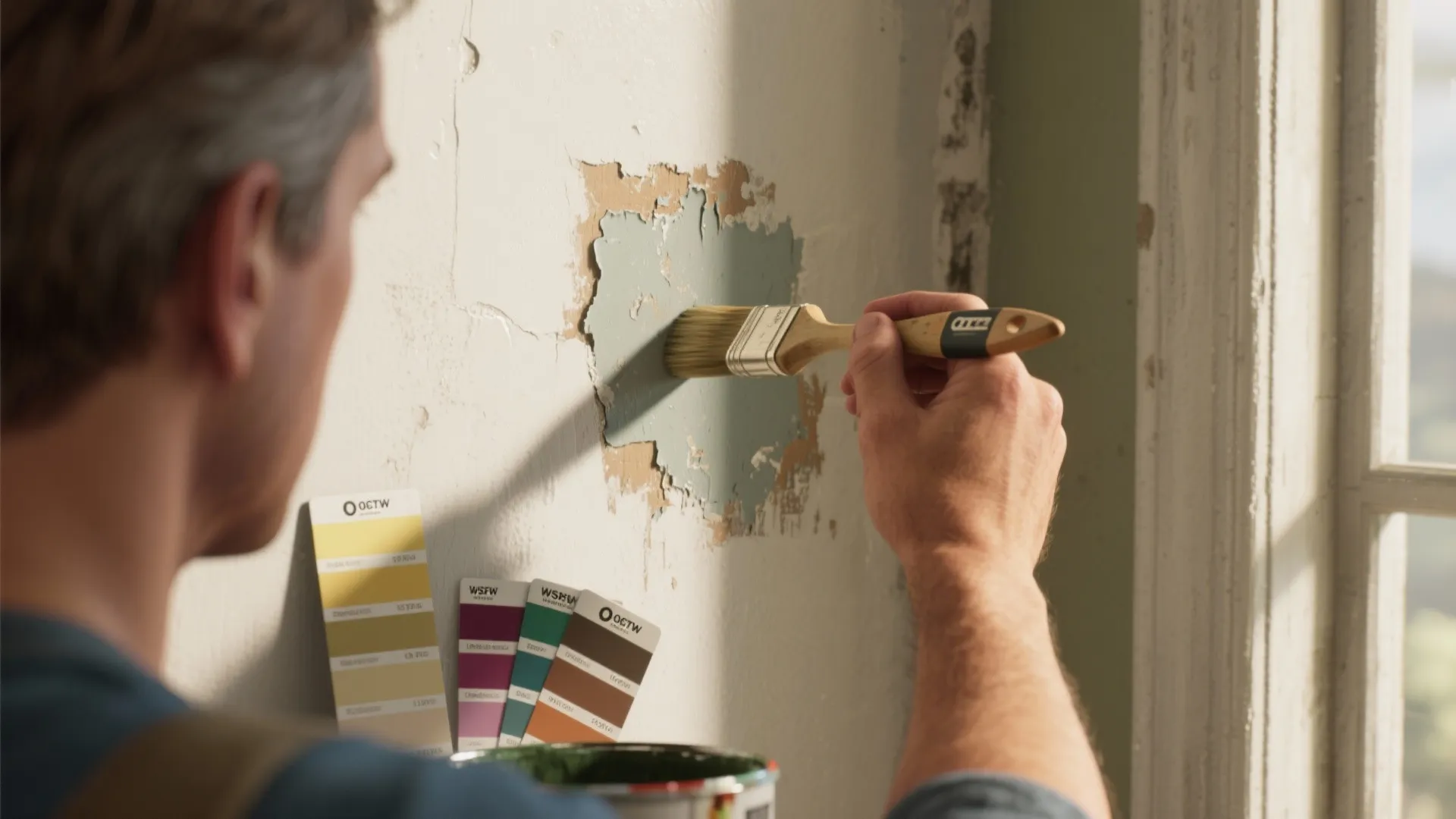 Applying a small paint patch on a wall with swatches and sample cards to test adhesion and finish.