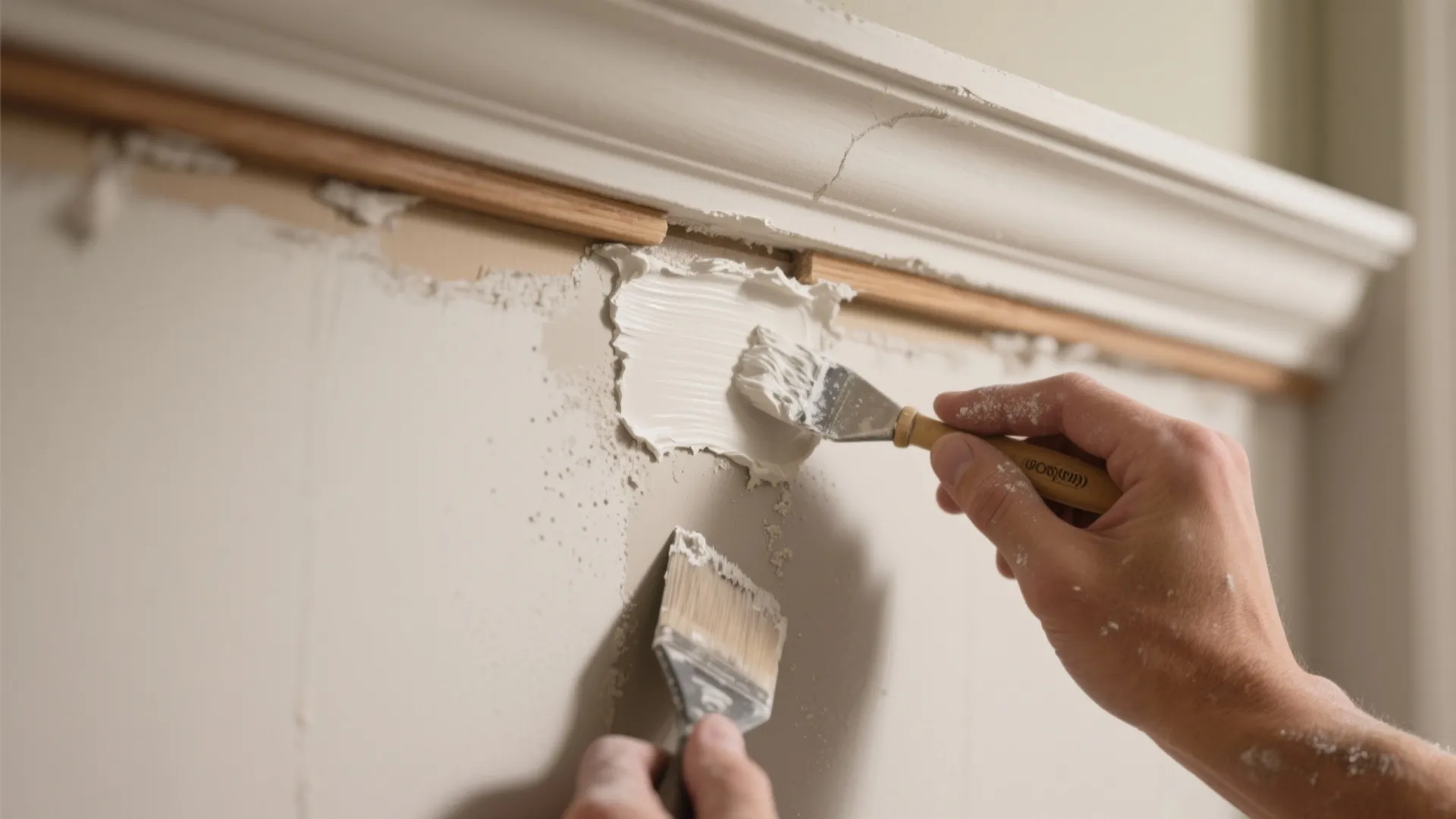 Close up of hands applying white plaster to a wall below a decorative wall panel