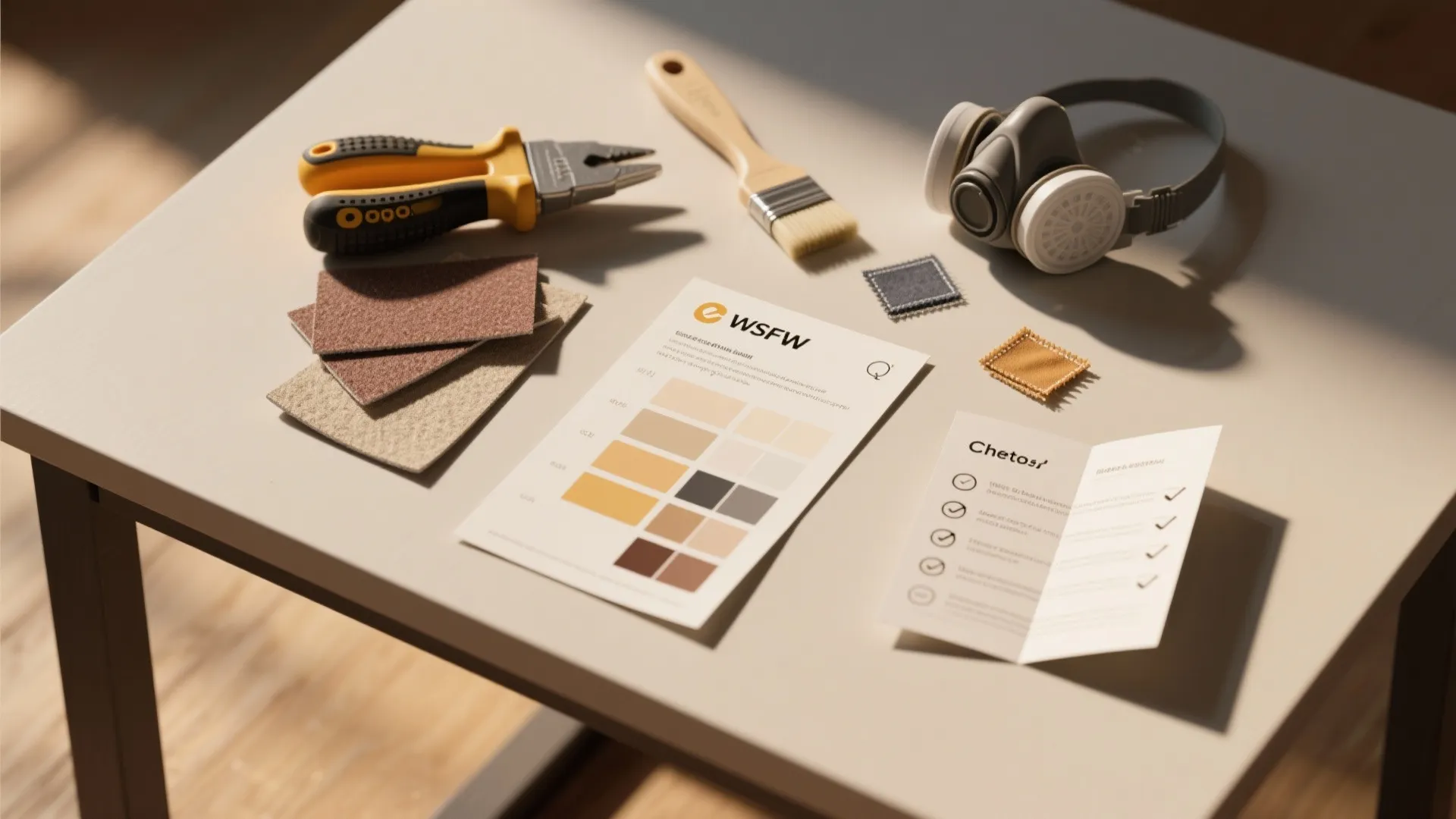Toolkit and printed FAQ card showing sandpaper, paint swatches and safety gear for patching guidance.