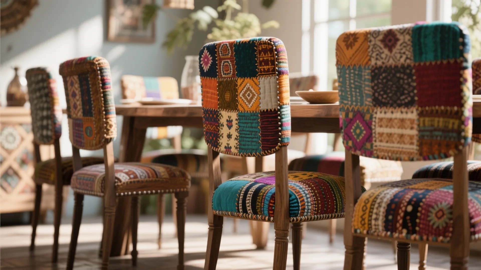 Dining room featuring colorful patchwork fabric chairs around a wooden table in a bright sunny room