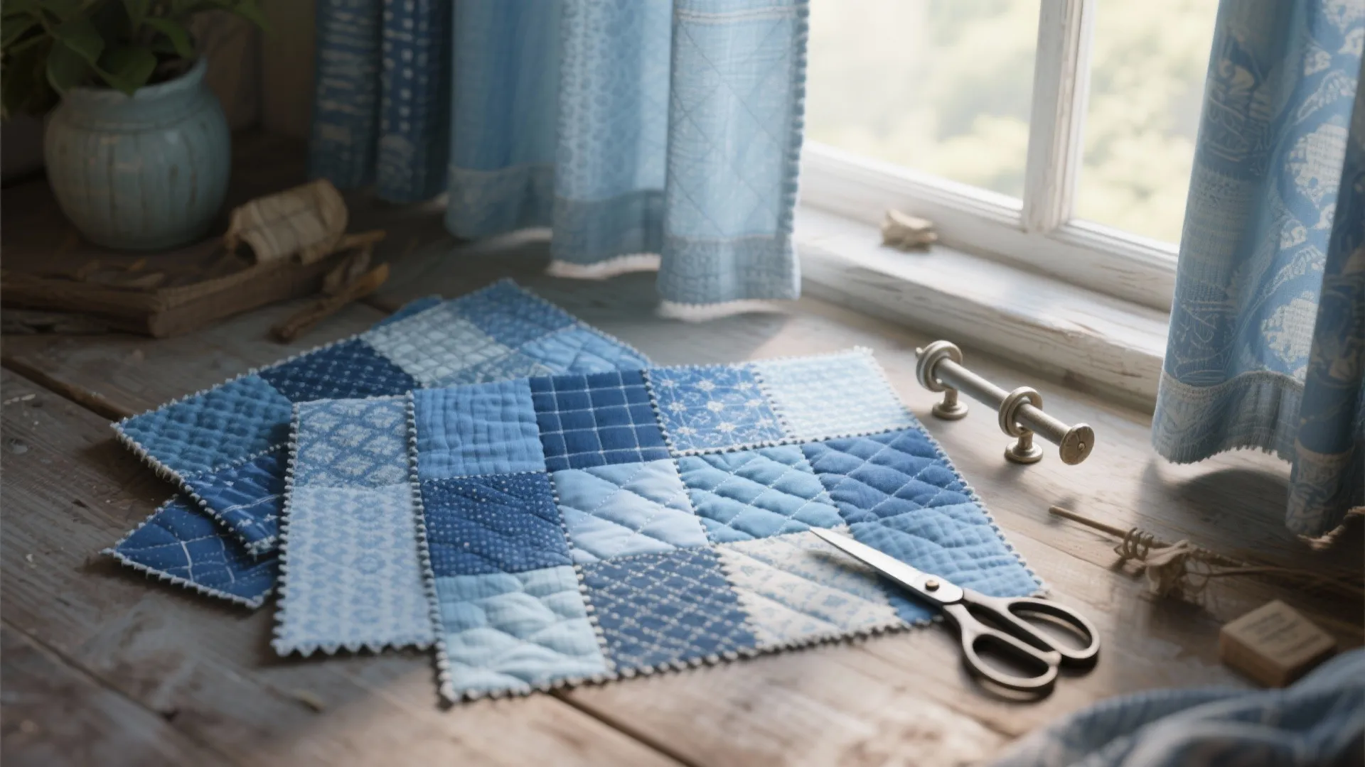 Blue patchwork fabric samples on wooden table with scissors and curtain near a bright window