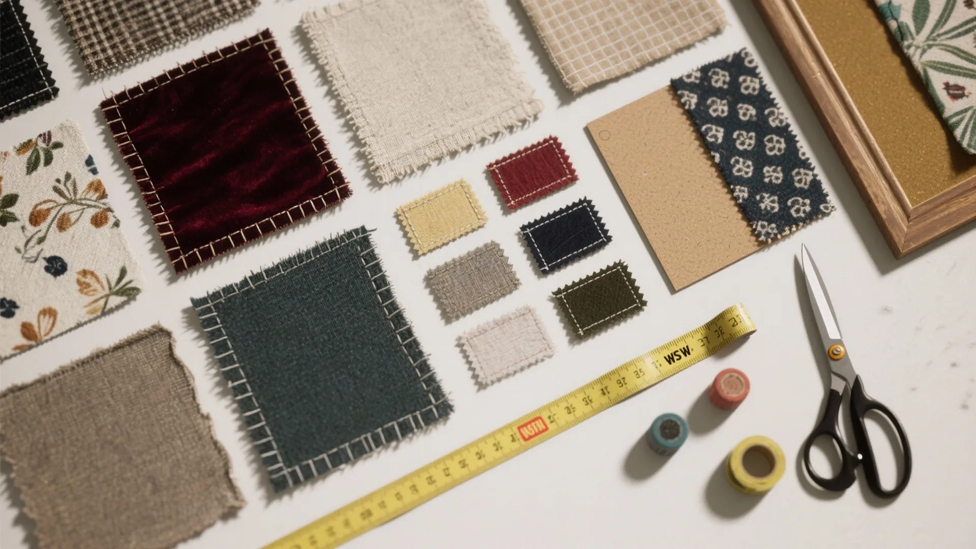 Colorful fabric samples on a table with yellow measuring tape black scissors and thread rolls
