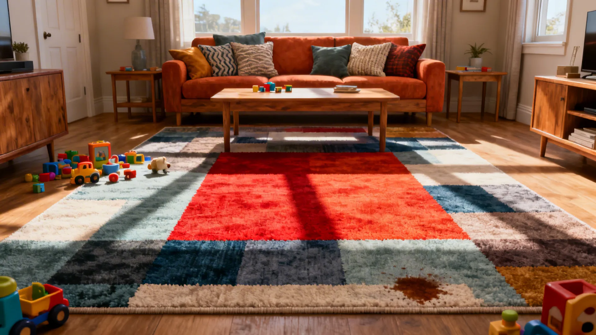 Colorful patchwork area rug in living room with orange sofa wooden table and kids toys