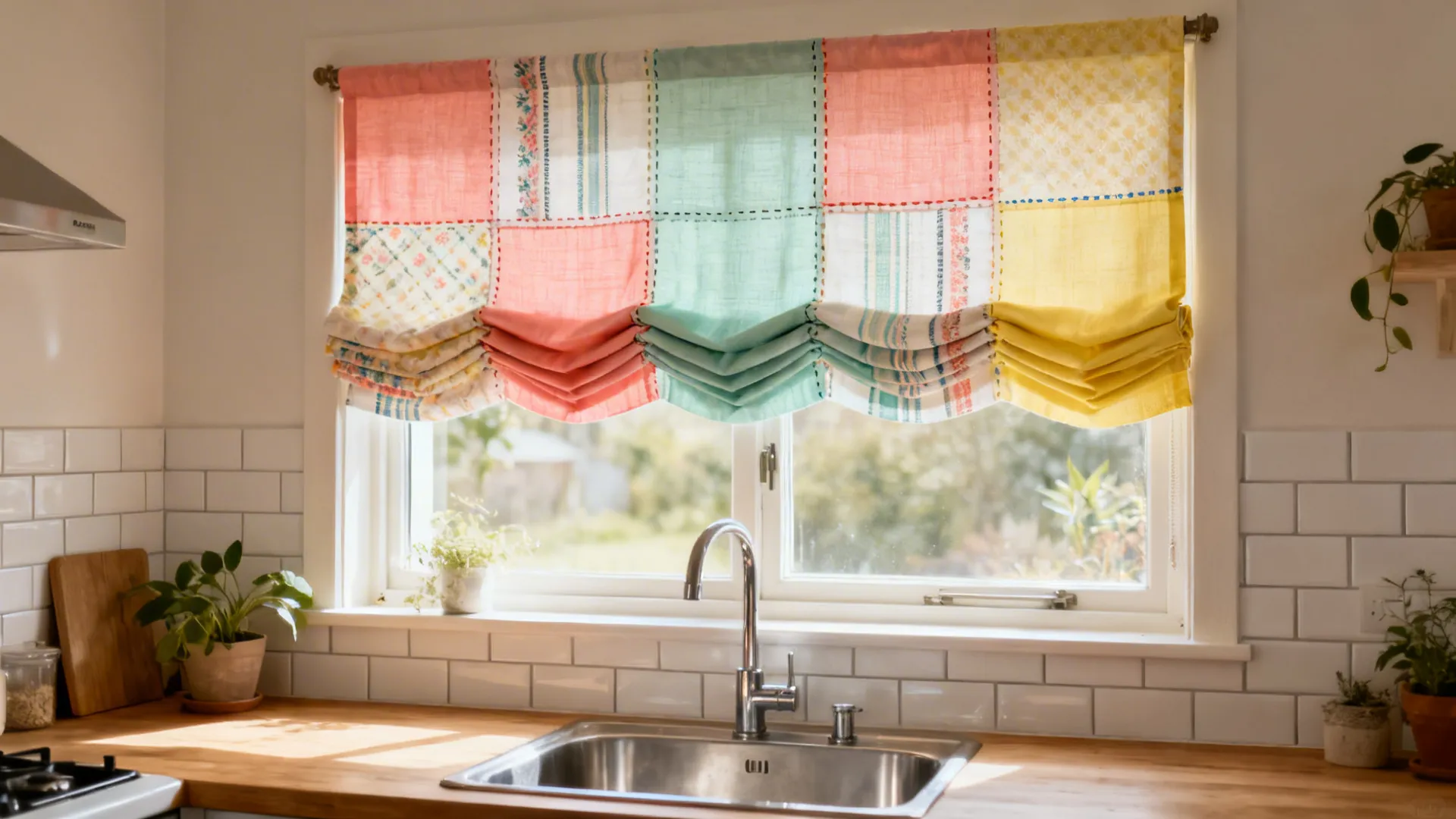 Patchwork Roman shade of vintage fabrics adding warmth to a compact kitchen window.