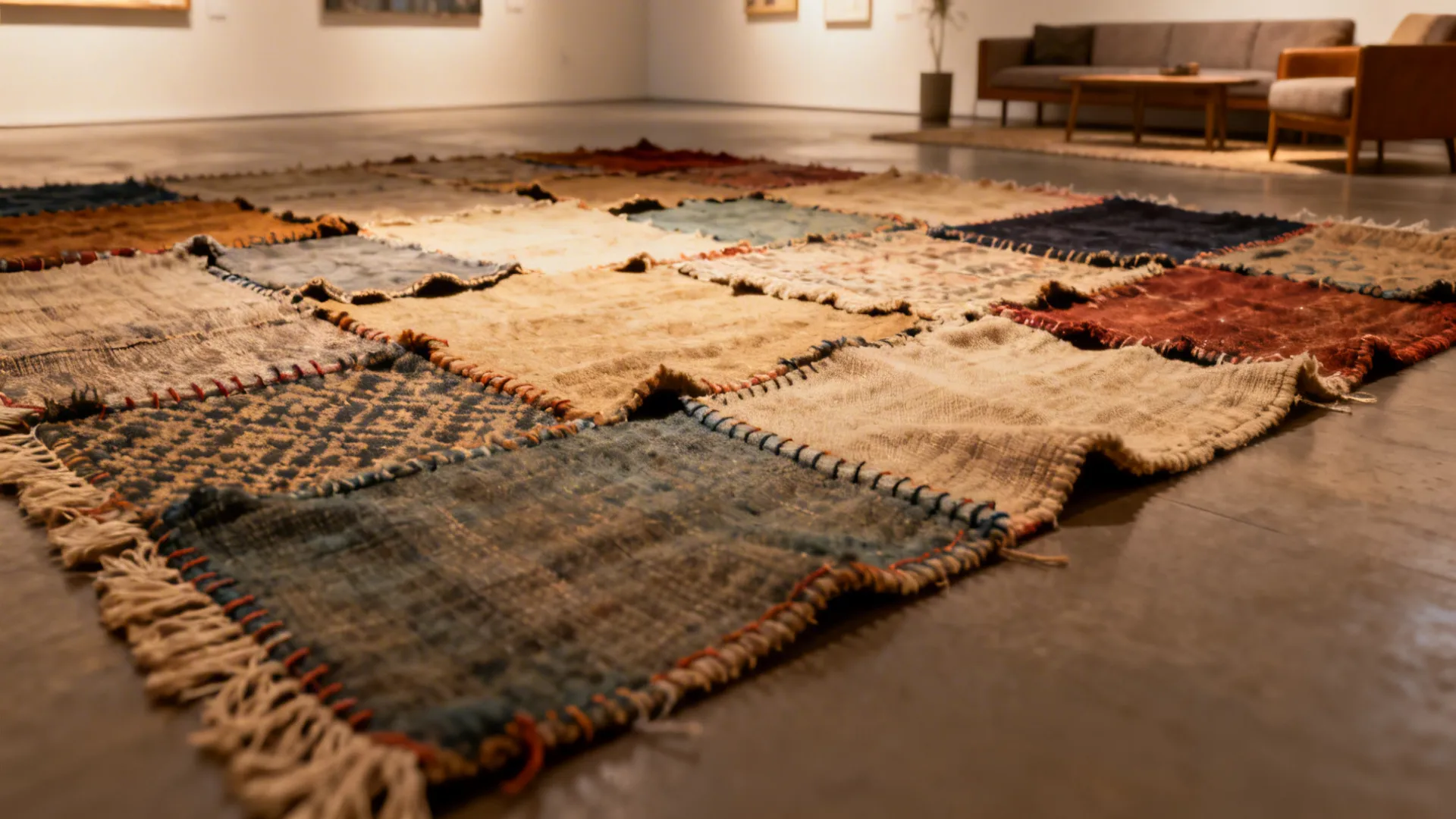 Textured patchwork rug made of different colored fabric squares lying on a smooth gray floor
