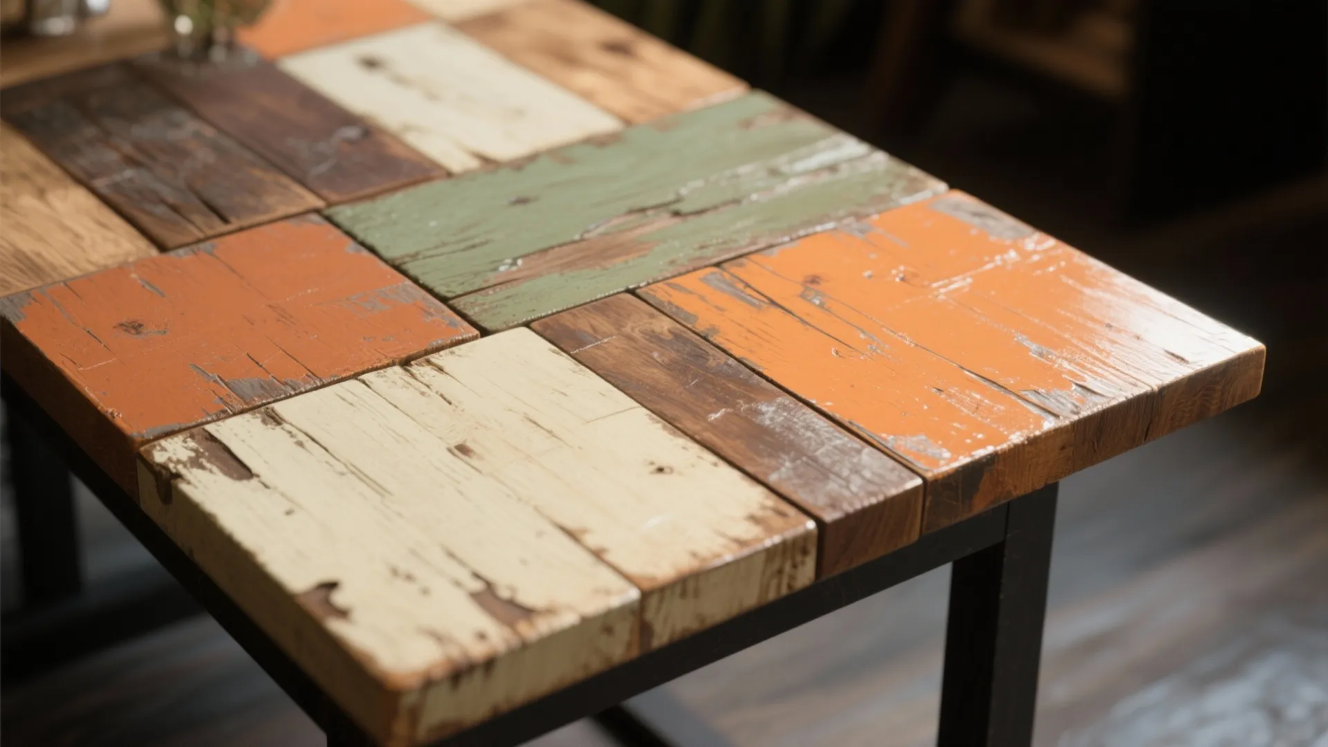 Close up of table top made with colorful reclaimed wood planks in a patchwork design