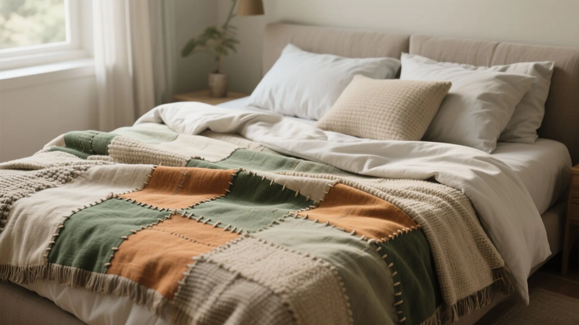 Colorful patchwork blanket with green and orange squares lying on a bed with white pillows