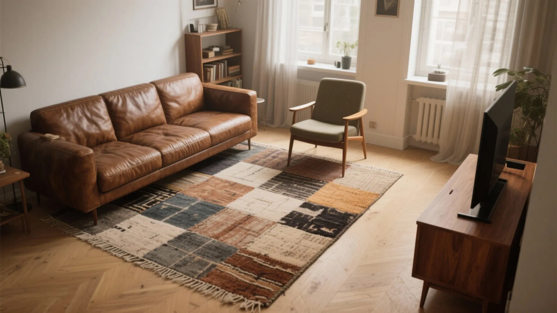 Patchwork rug visually connecting vintage leather sofa and modern walnut media unit in a small apartment